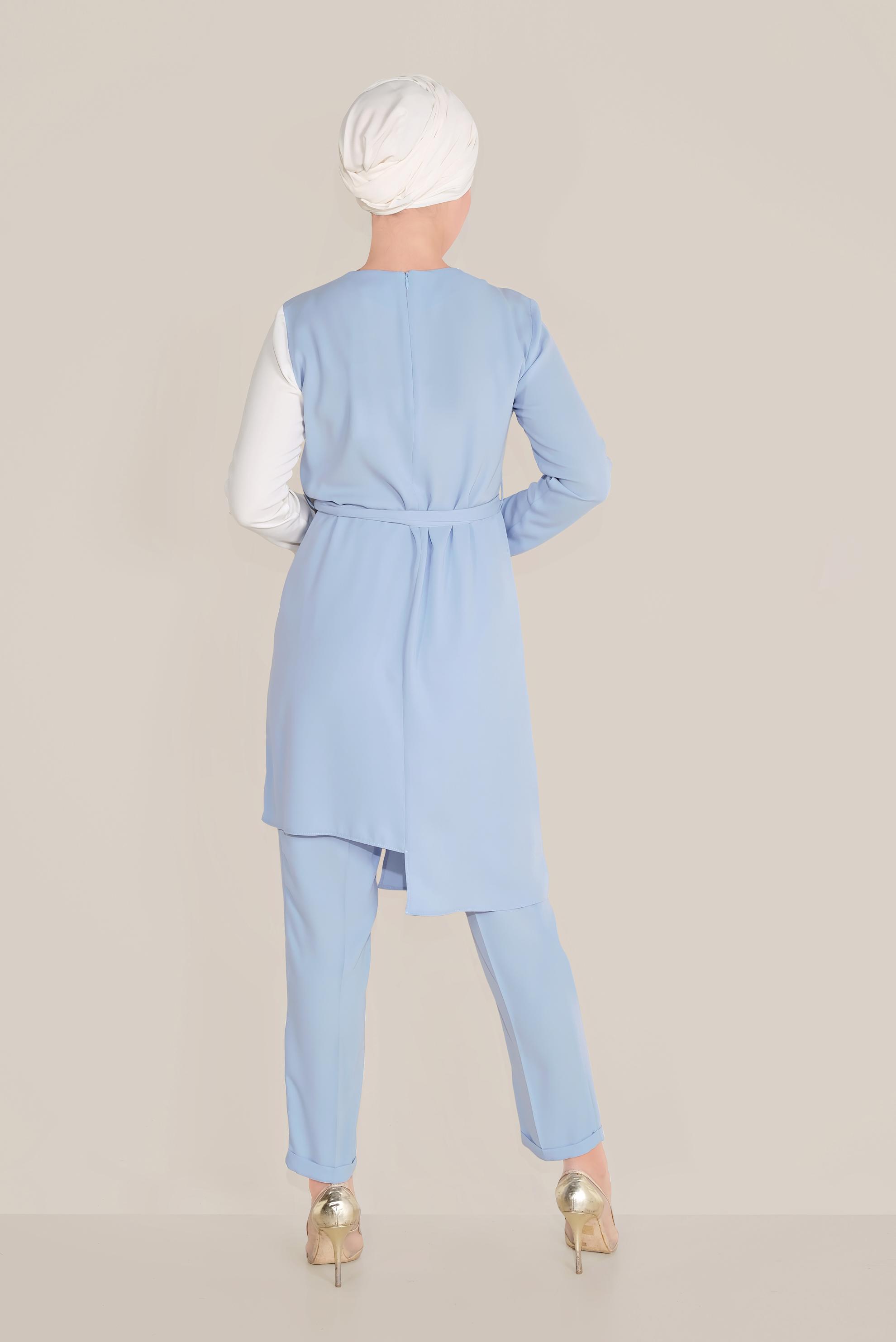 Tesettür giyim MAVİ ÇİÇEK DESENLİ ASİMETRİK PANTOLON TAKIM 30018