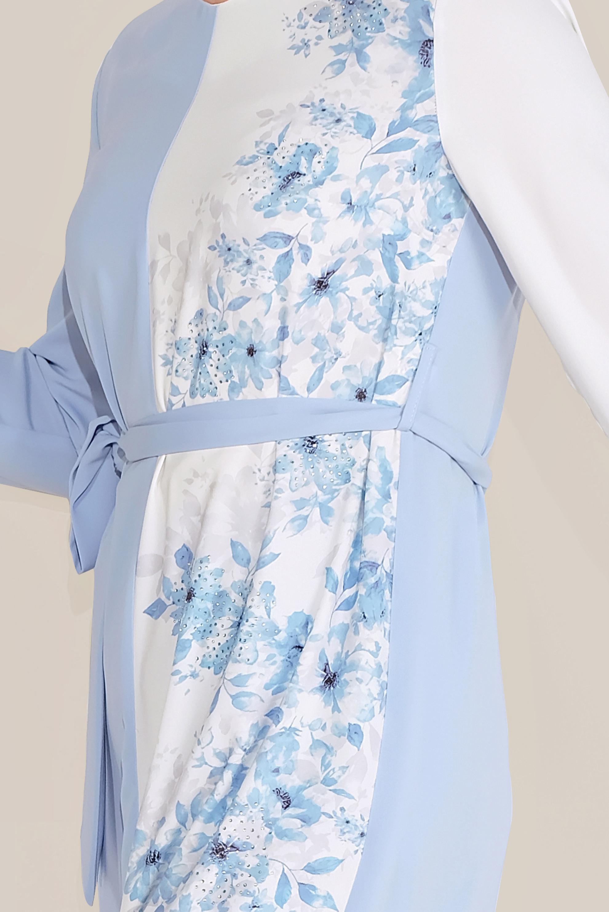 Tesettür giyim MAVİ ÇİÇEK DESENLİ ASİMETRİK PANTOLON TAKIM 30018