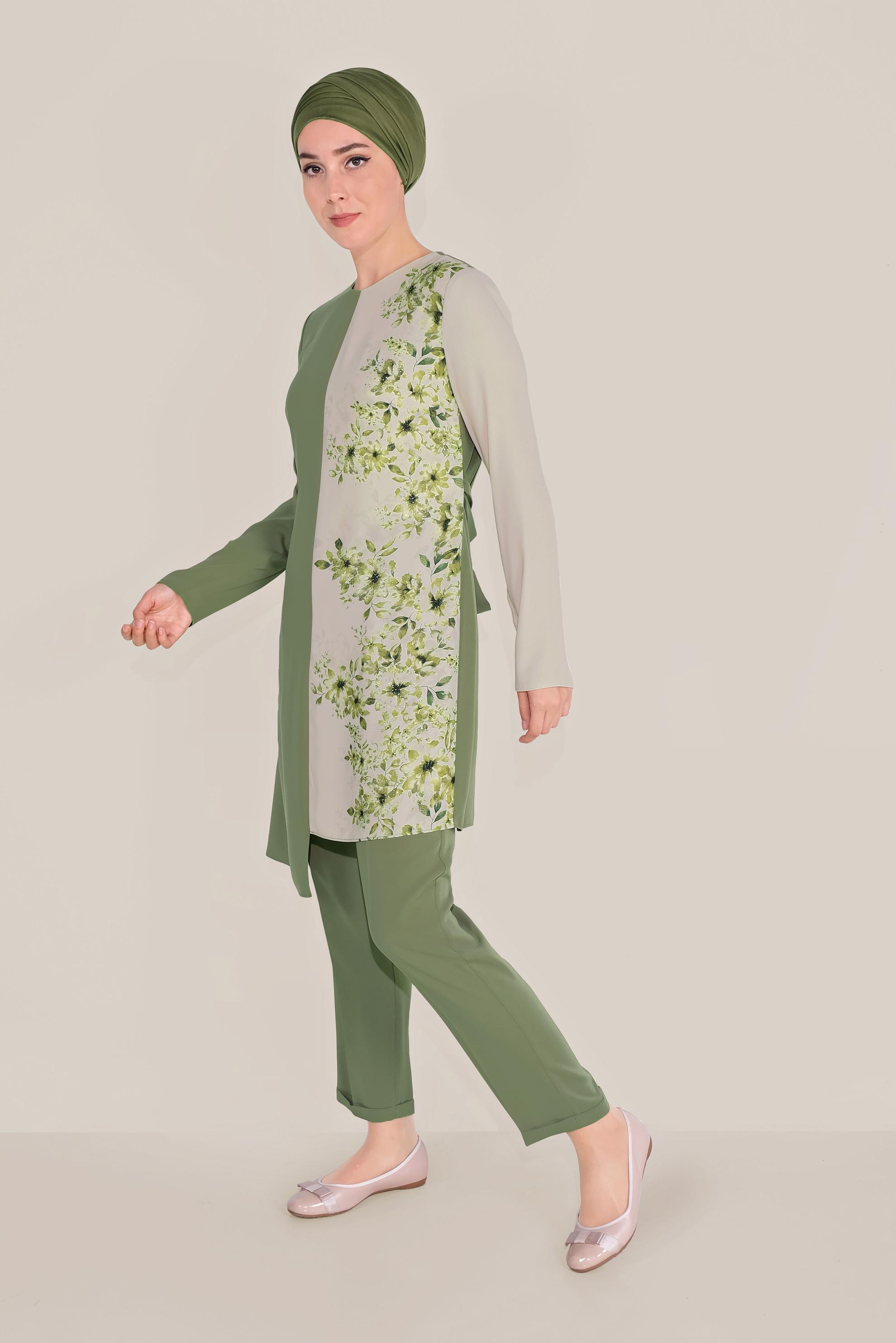 Tesettür giyim HAKİ ÇİÇEK DESENLİ ASİMETRİK PANTOLON TAKIM 30018