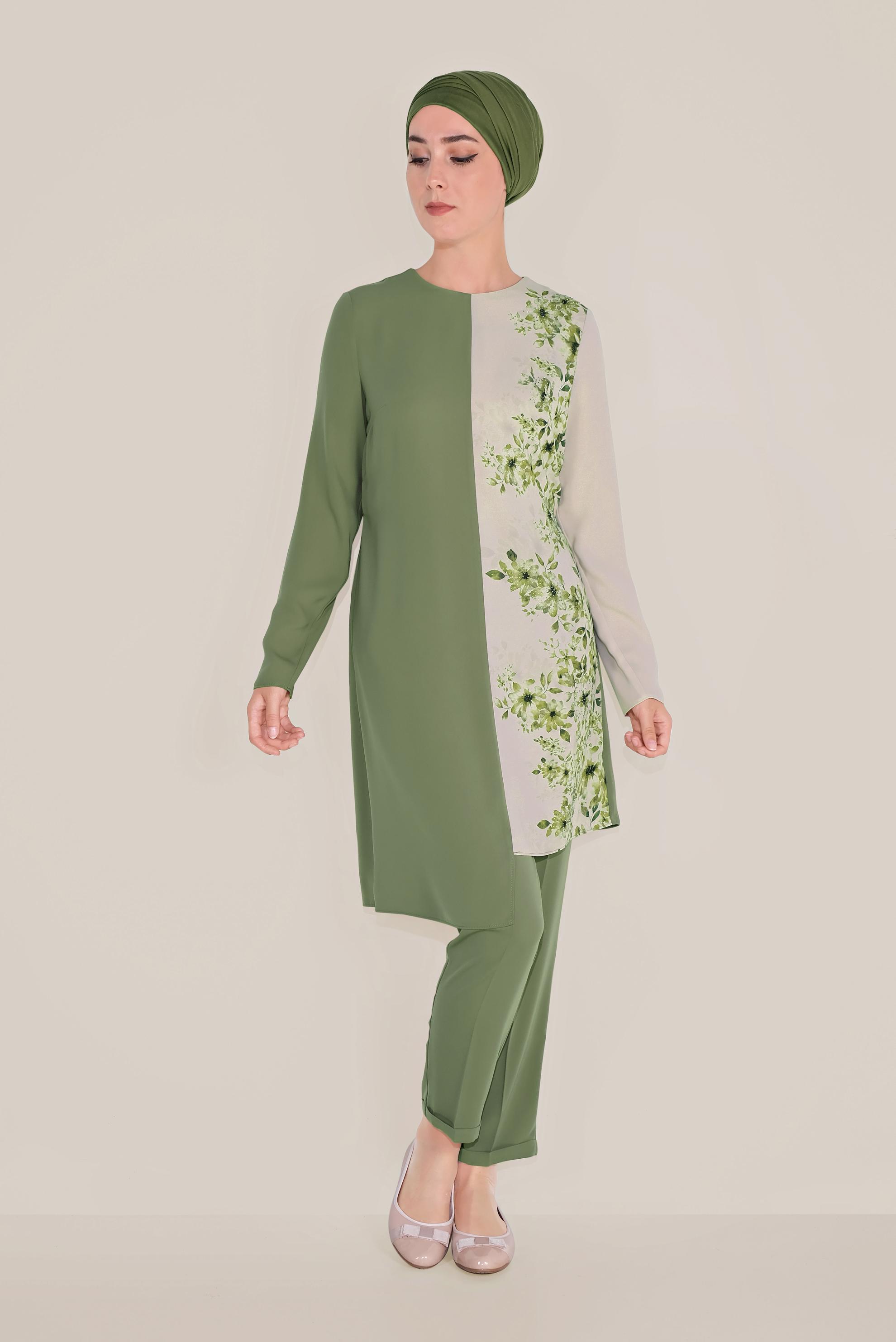 Tesettür giyim HAKİ ÇİÇEK DESENLİ ASİMETRİK PANTOLON TAKIM 30018