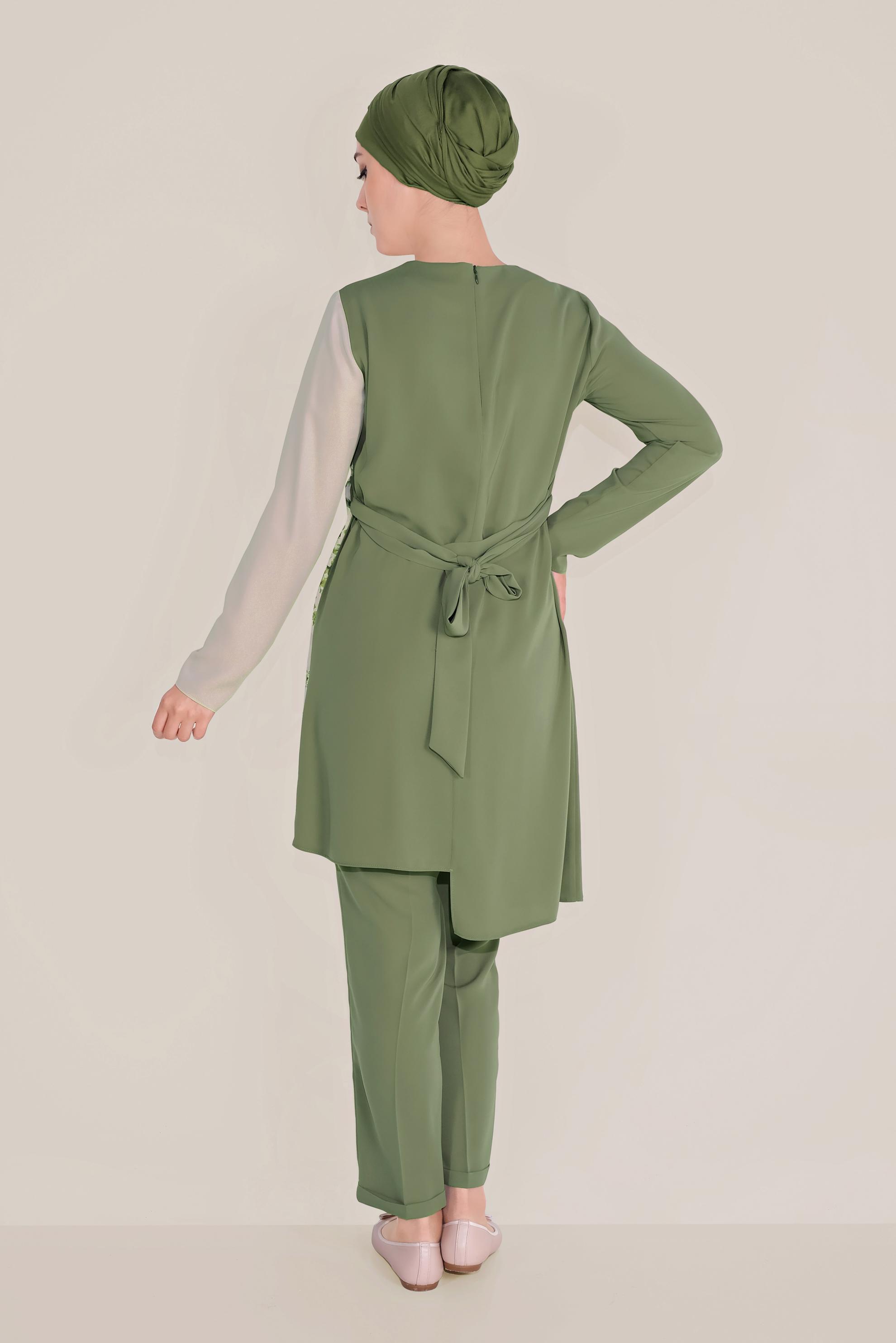 Tesettür giyim HAKİ ÇİÇEK DESENLİ ASİMETRİK PANTOLON TAKIM 30018