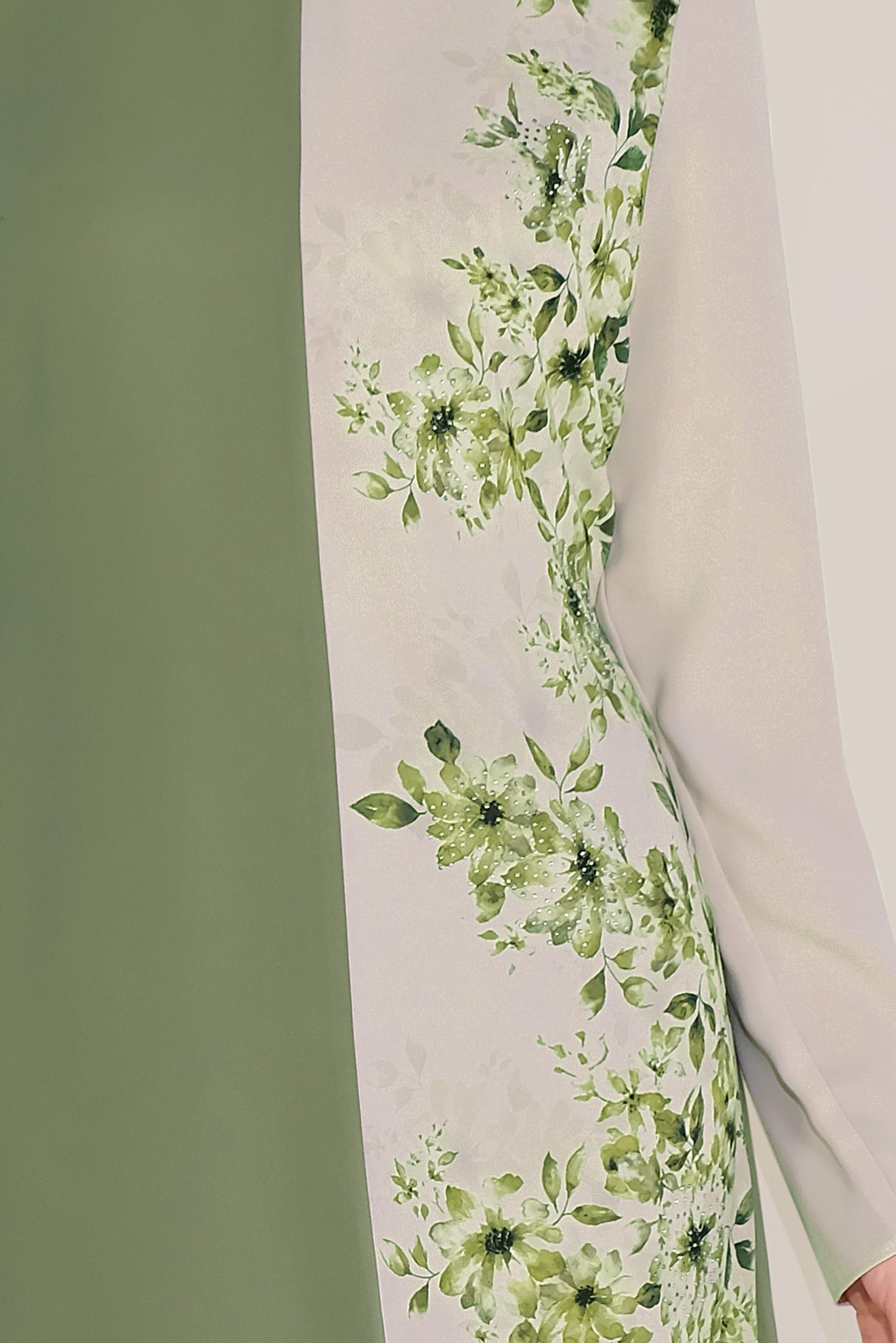 Tesettür giyim HAKİ ÇİÇEK DESENLİ ASİMETRİK PANTOLON TAKIM 30018