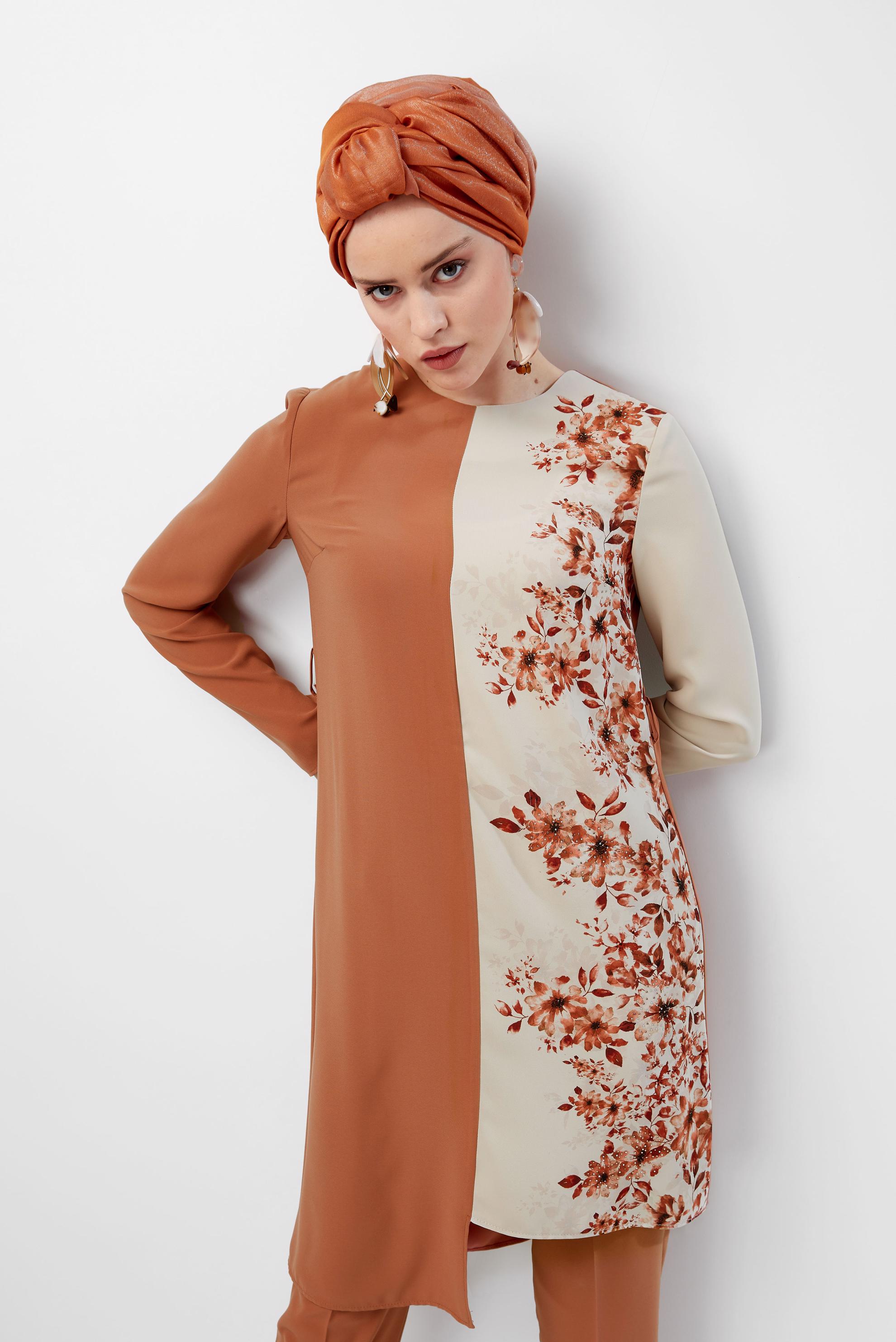 Tesettür giyim TURUNCU ÇİÇEK DESENLİ ASİMETRİK PANTOLON TAKIM 30018