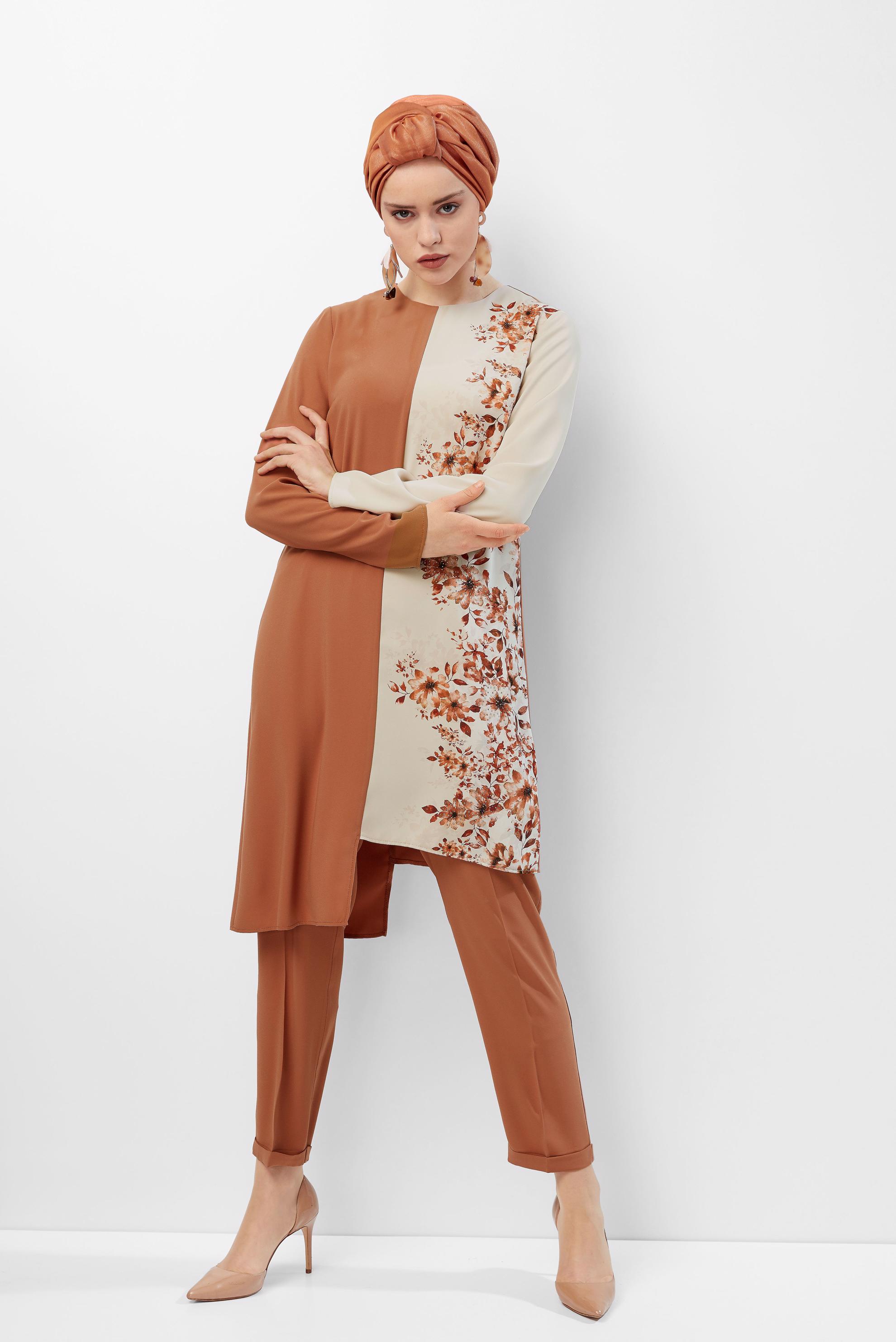 Tesettür giyim TURUNCU ÇİÇEK DESENLİ ASİMETRİK PANTOLON TAKIM 30018