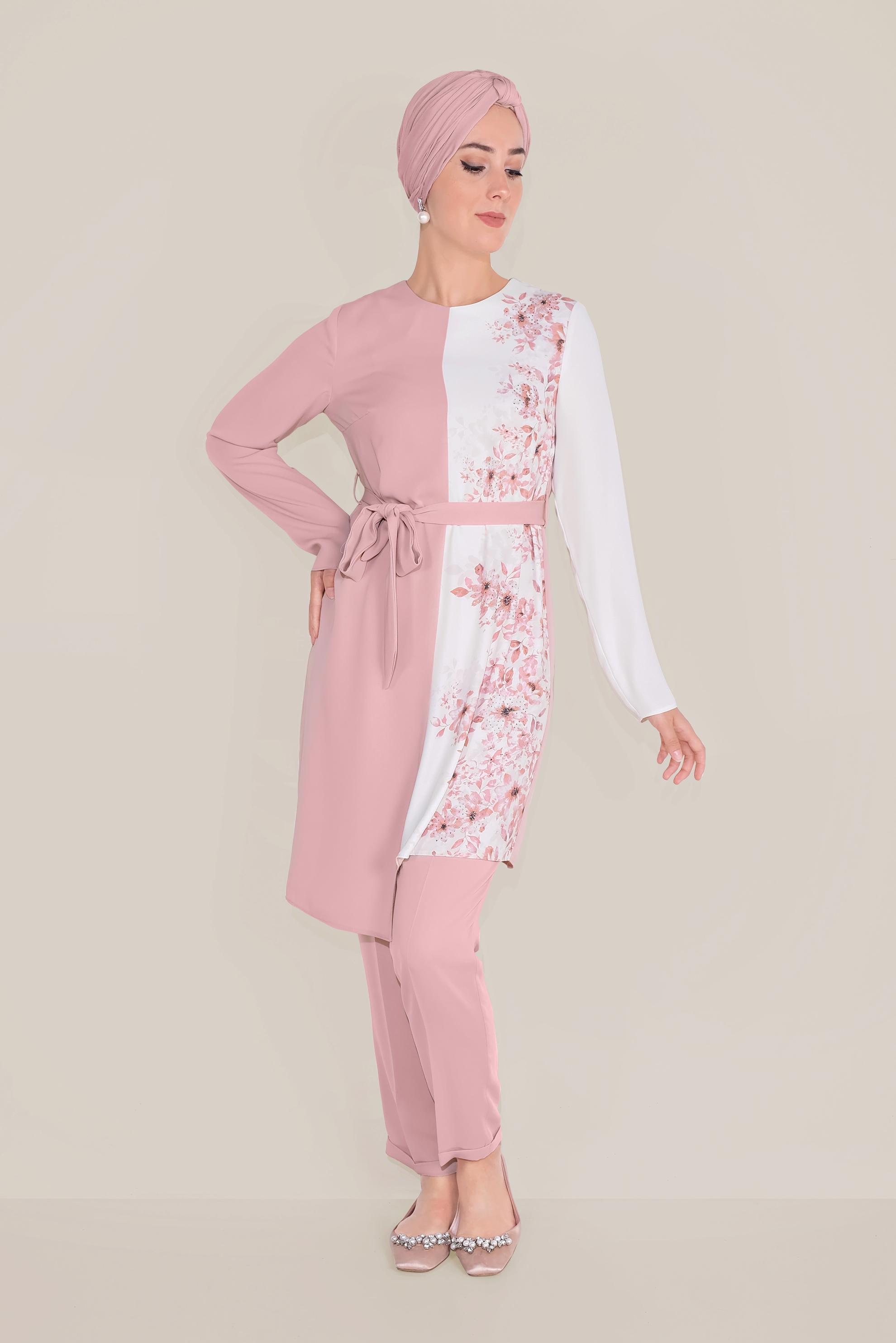 Tesettür giyim PUDRA ÇİÇEK DESENLİ ASİMETRİK PANTOLON TAKIM 30018