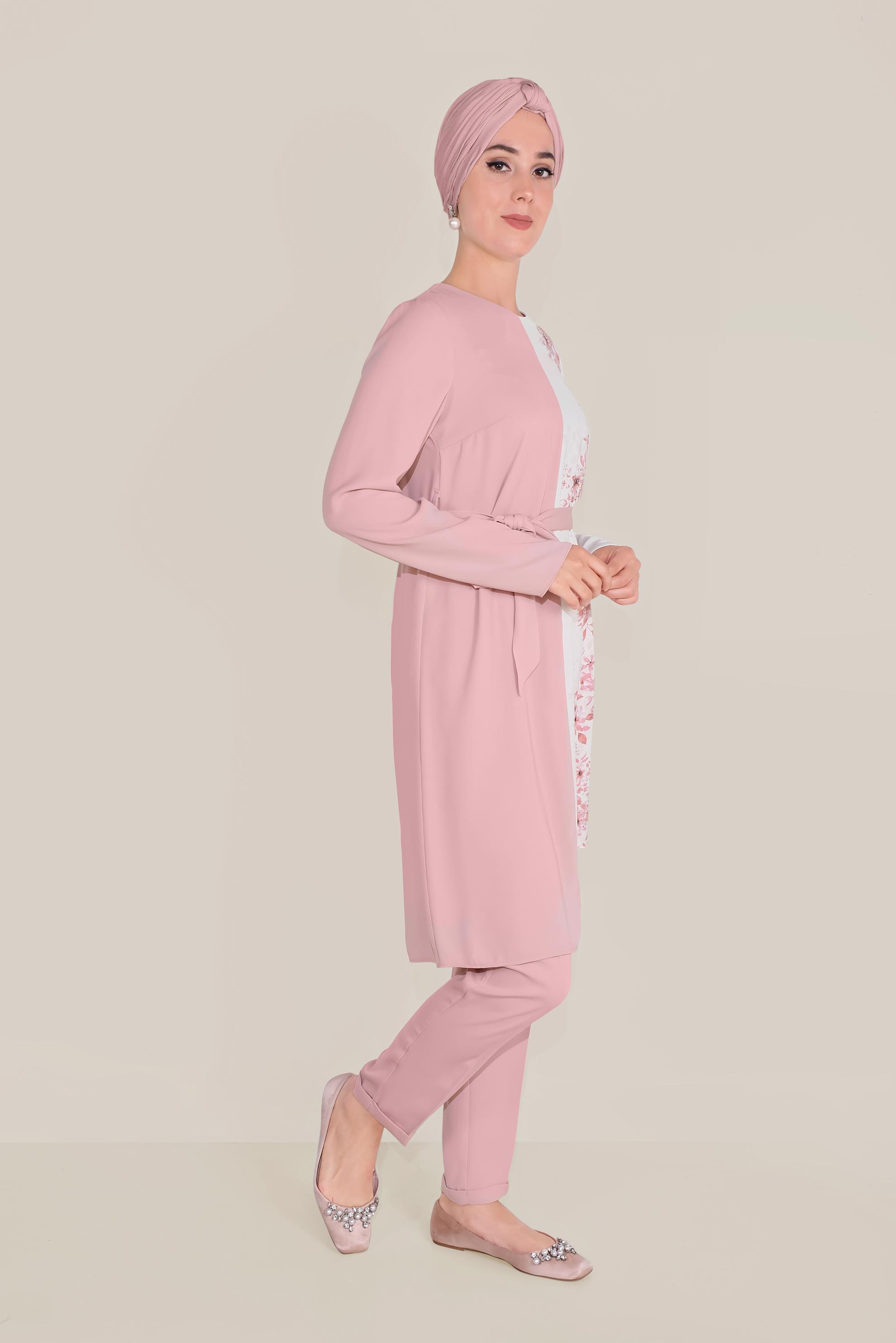 Tesettür giyim PUDRA ÇİÇEK DESENLİ ASİMETRİK PANTOLON TAKIM 30018
