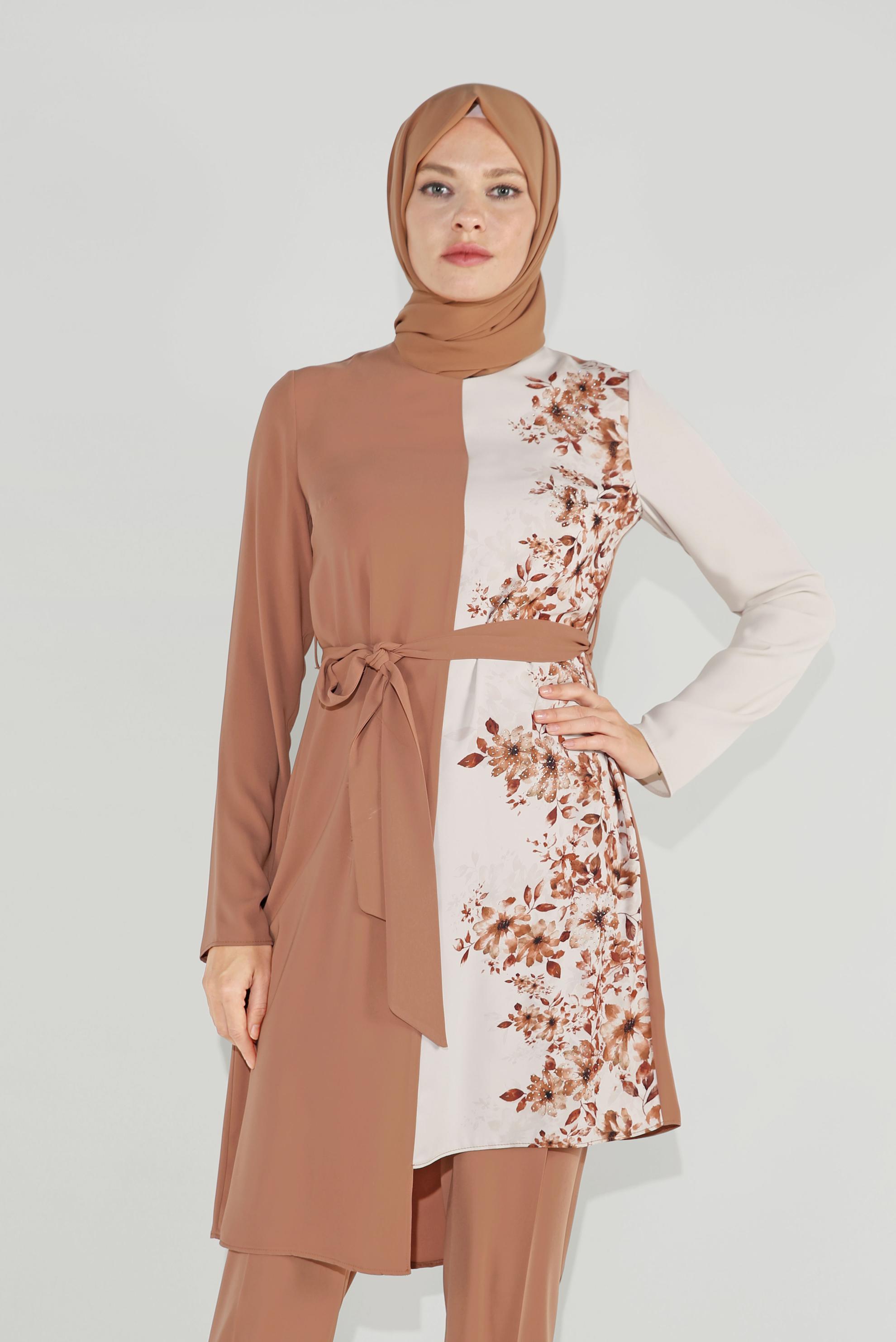 Tesettür giyim KAHVE ÇİÇEK DESENLİ ASİMETRİK PANTOLON TAKIM 30018