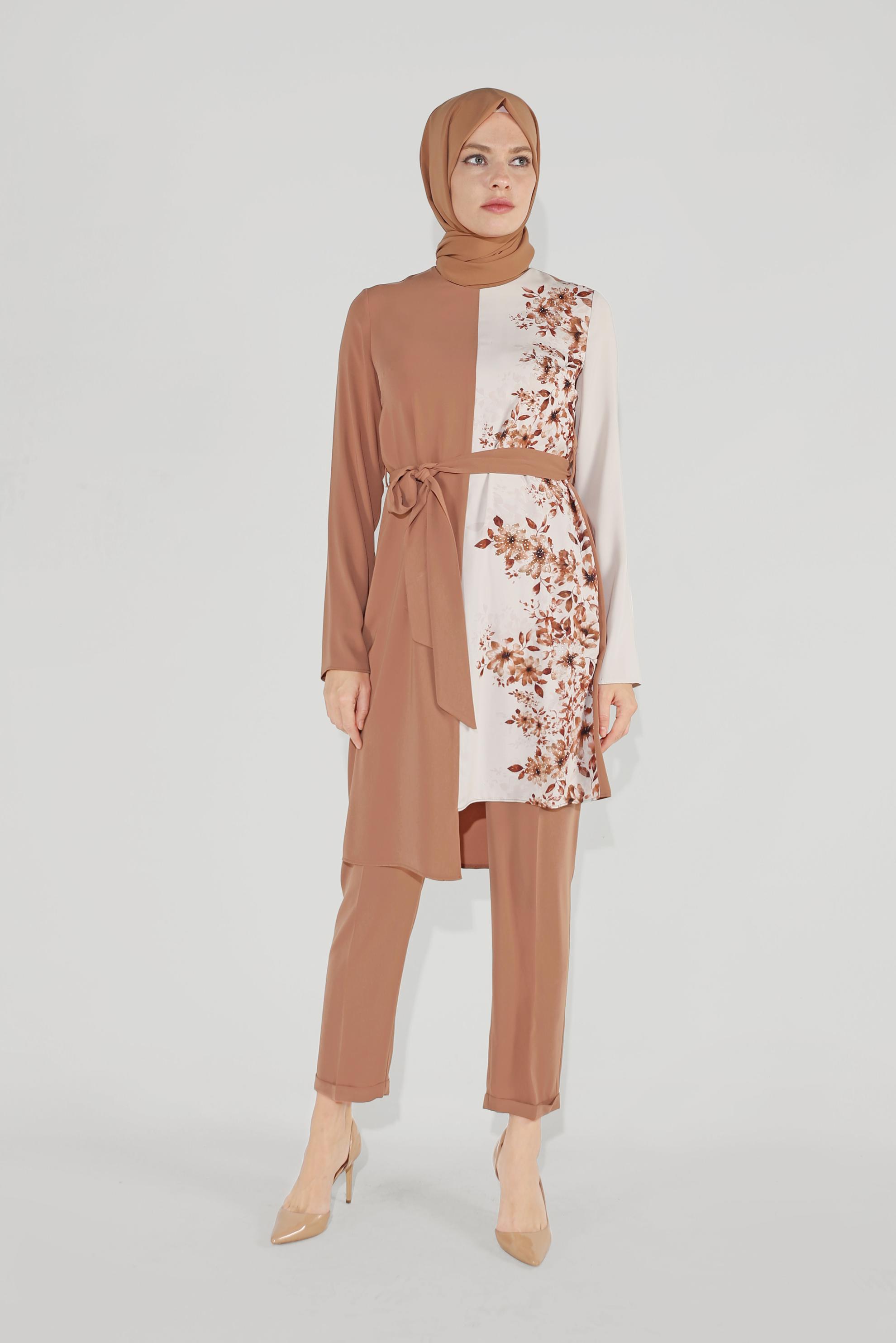 Tesettür giyim KAHVE ÇİÇEK DESENLİ ASİMETRİK PANTOLON TAKIM 30018