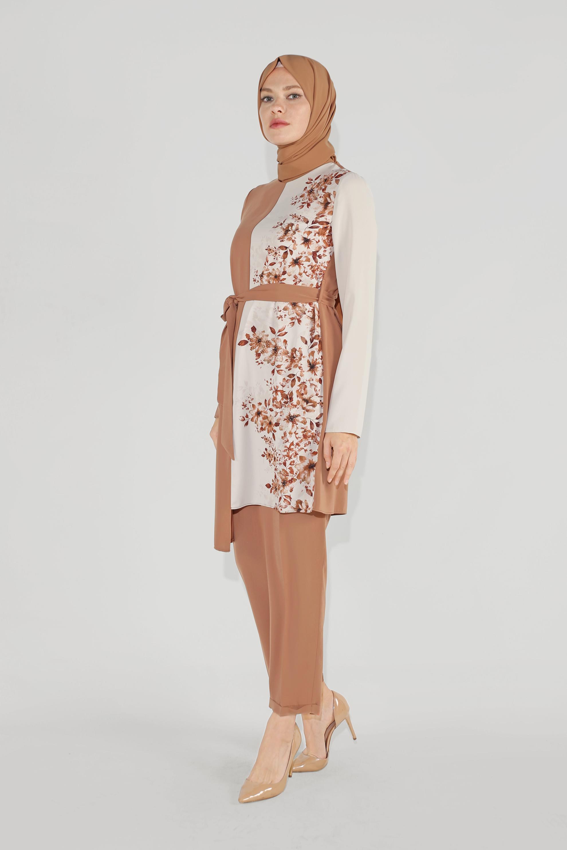 Tesettür giyim KAHVE ÇİÇEK DESENLİ ASİMETRİK PANTOLON TAKIM 30018