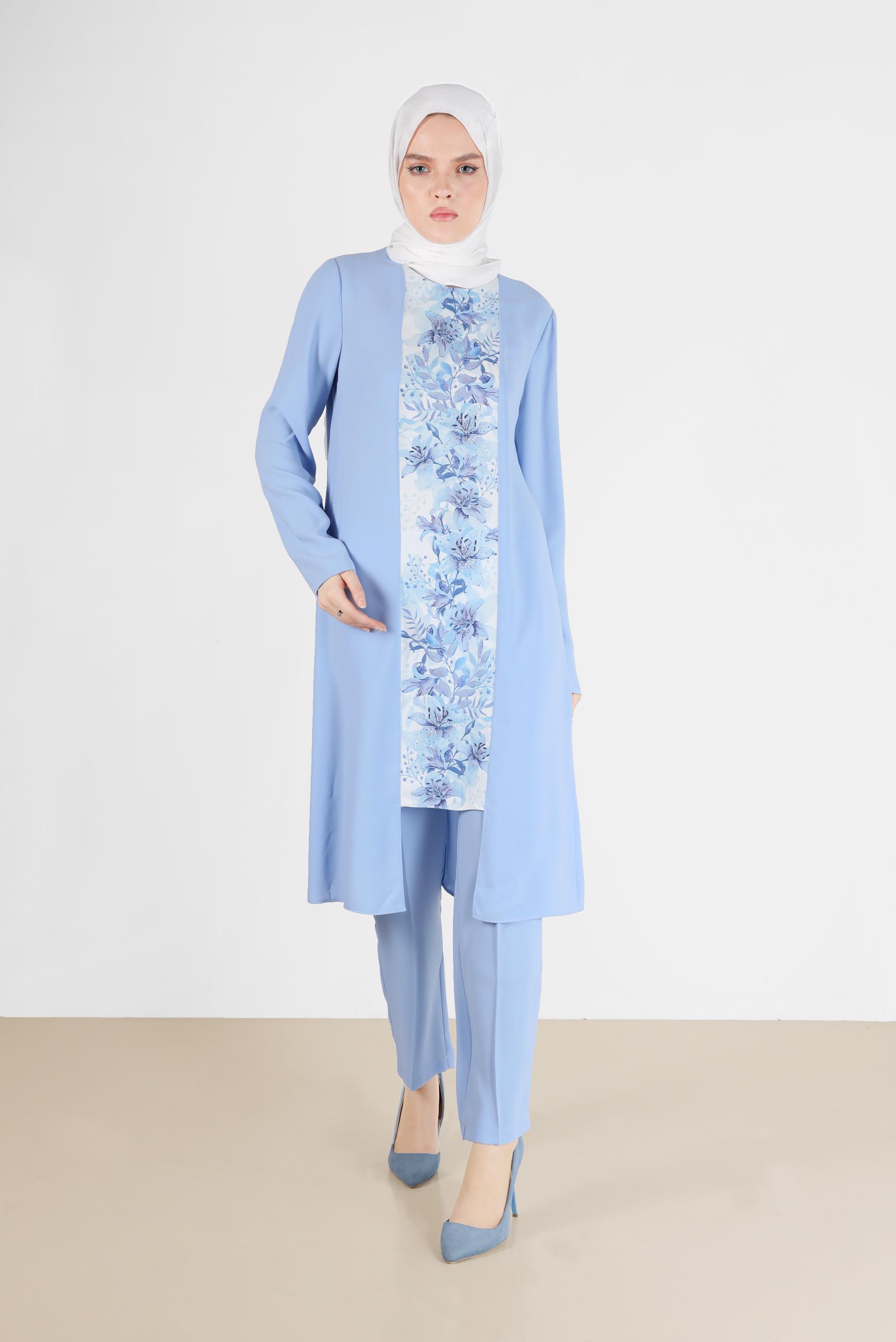 Tesettür giyim MAVİ ÇİÇEK DESENLİ PANTOLONLU TAKIM 30020