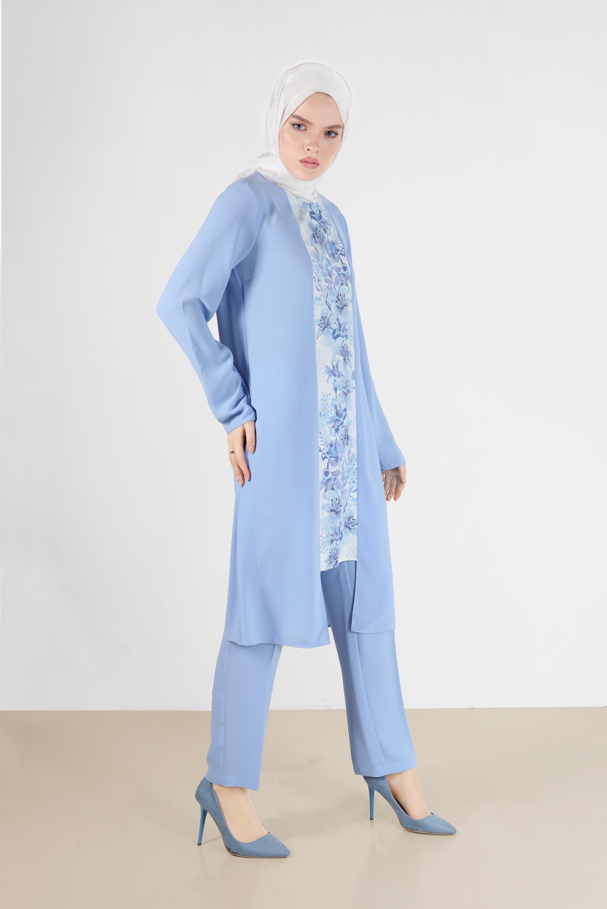 Tesettür giyim MAVİ ÇİÇEK DESENLİ PANTOLONLU TAKIM 30020