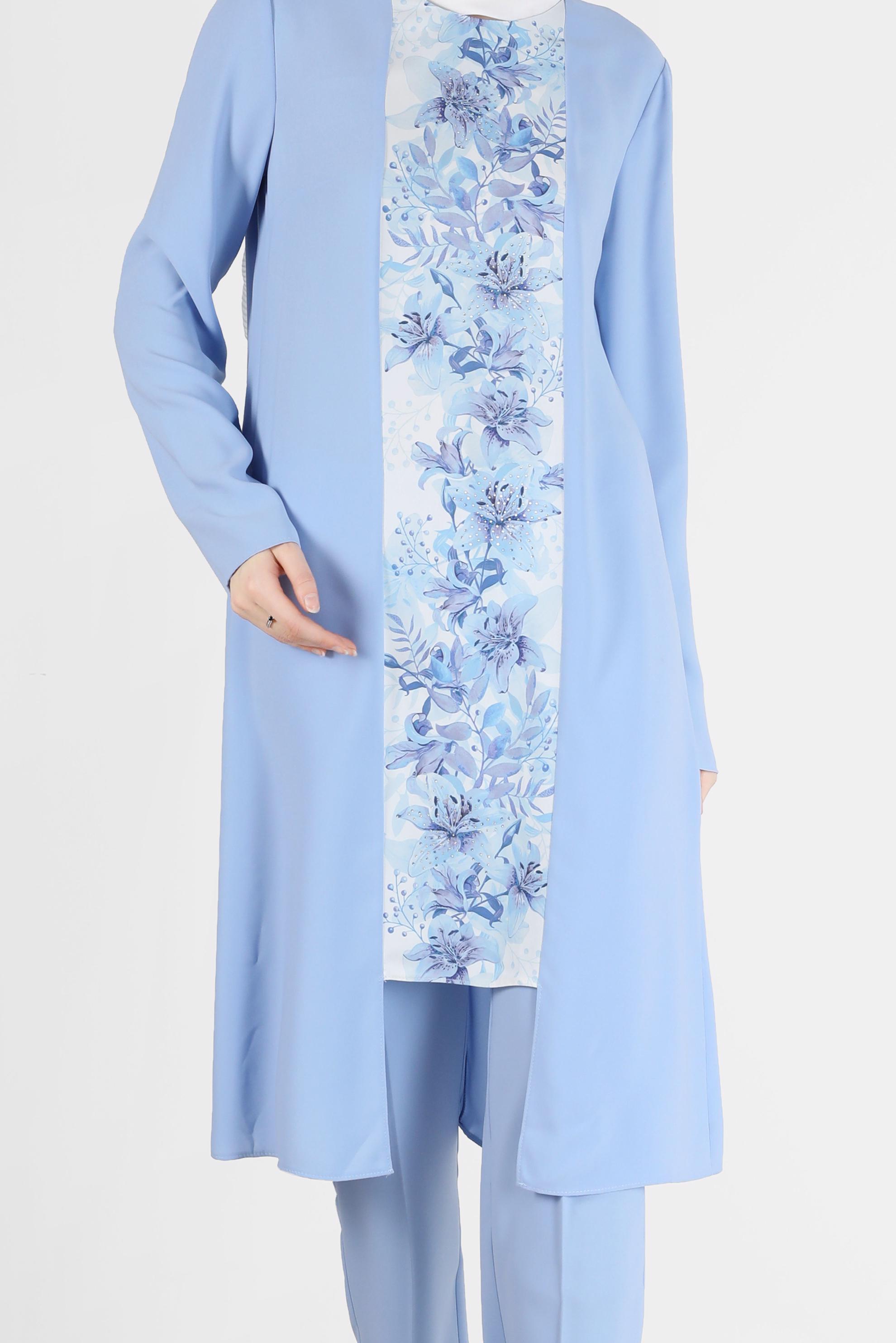 Tesettür giyim MAVİ ÇİÇEK DESENLİ PANTOLONLU TAKIM 30020