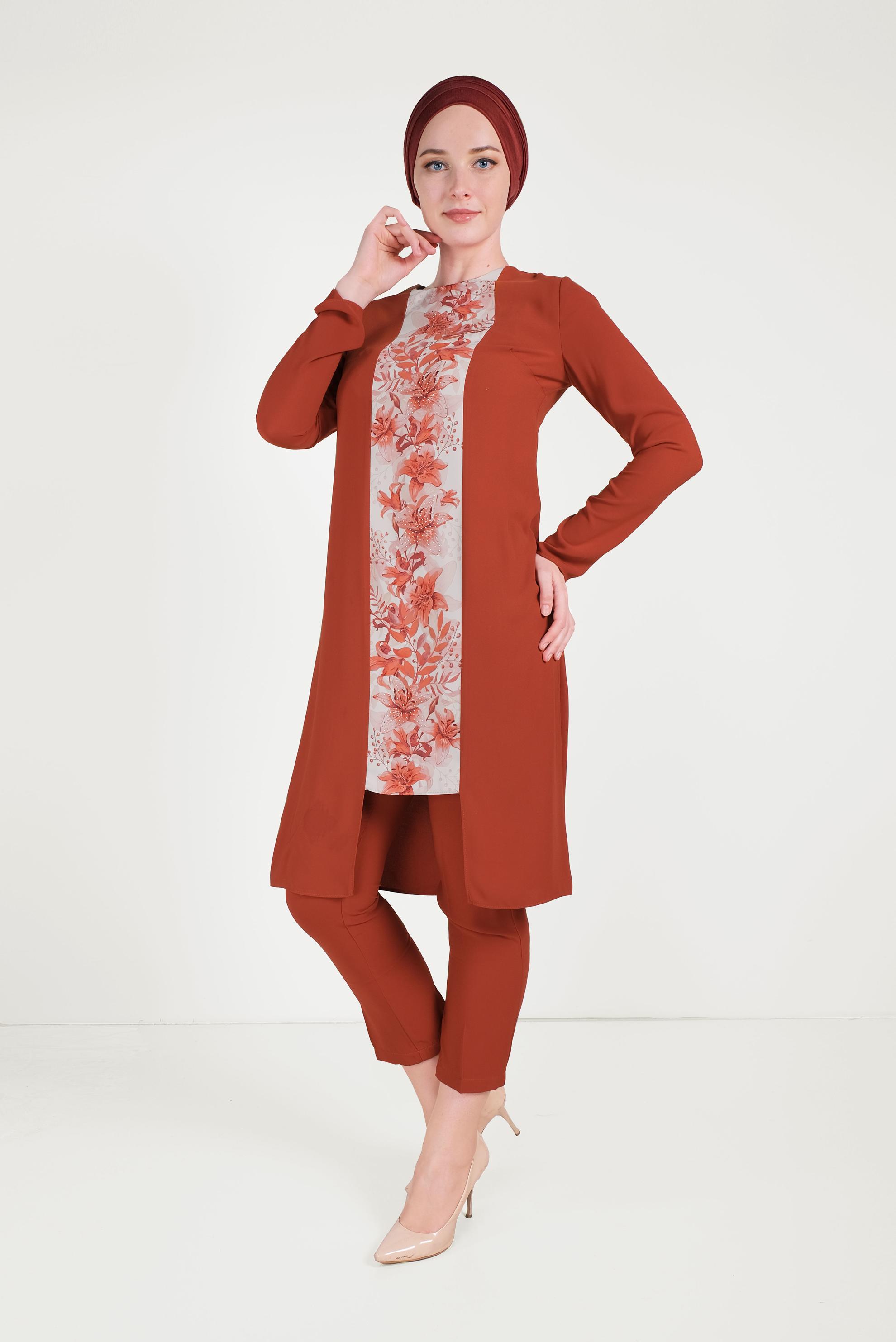 Hijab clothing ORANGE FLOWER PATTERNED PANTS SUIT 30020