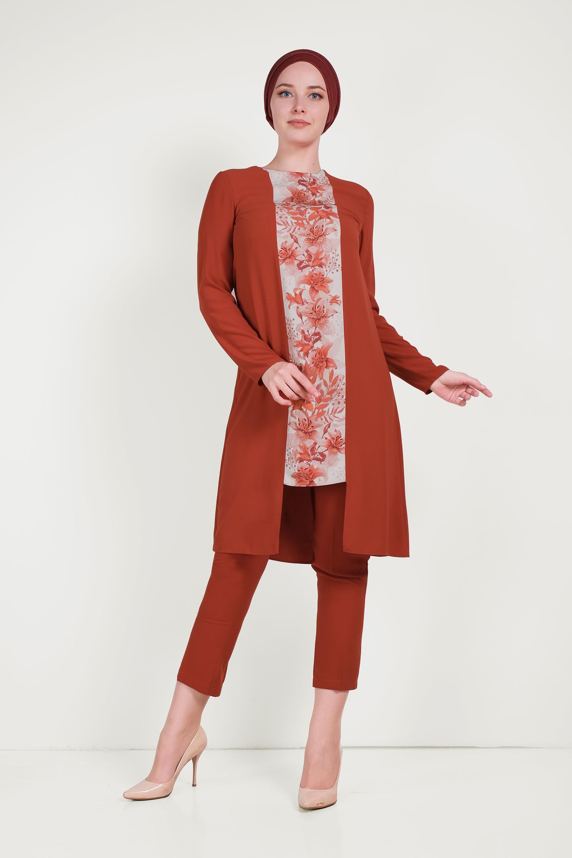 Hijab clothing ORANGE FLOWER PATTERNED PANTS SUIT 30020