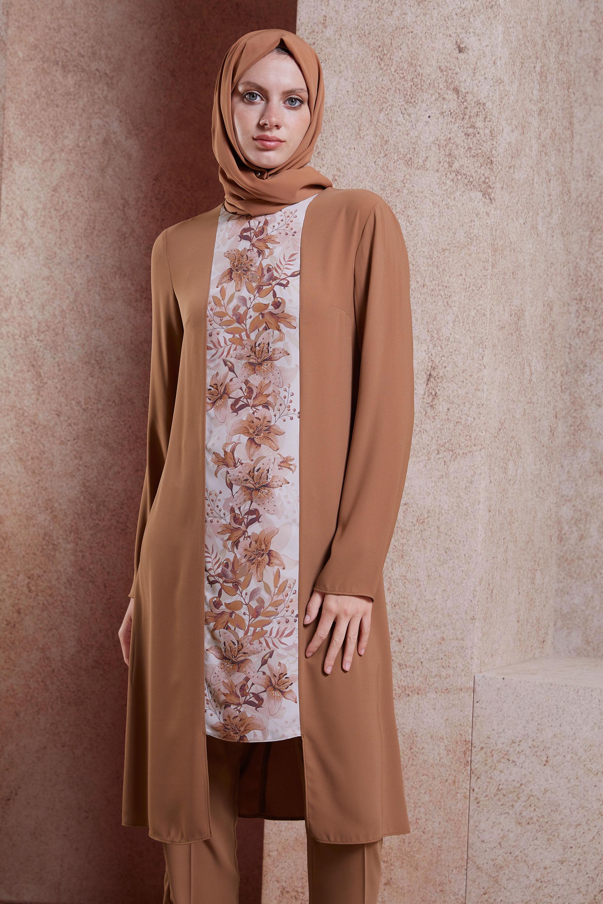 Tesettür giyim KAHVE ÇİÇEK DESENLİ PANTOLONLU TAKIM 30020
