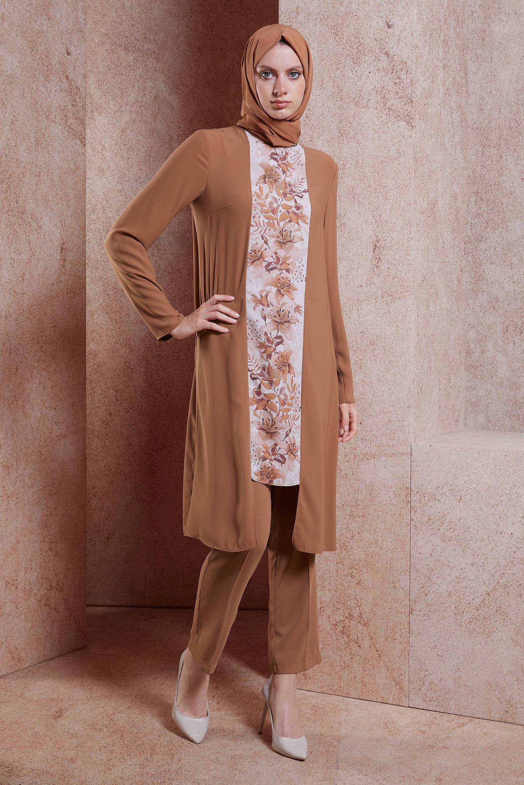 Tesettür giyim KAHVE ÇİÇEK DESENLİ PANTOLONLU TAKIM 30020