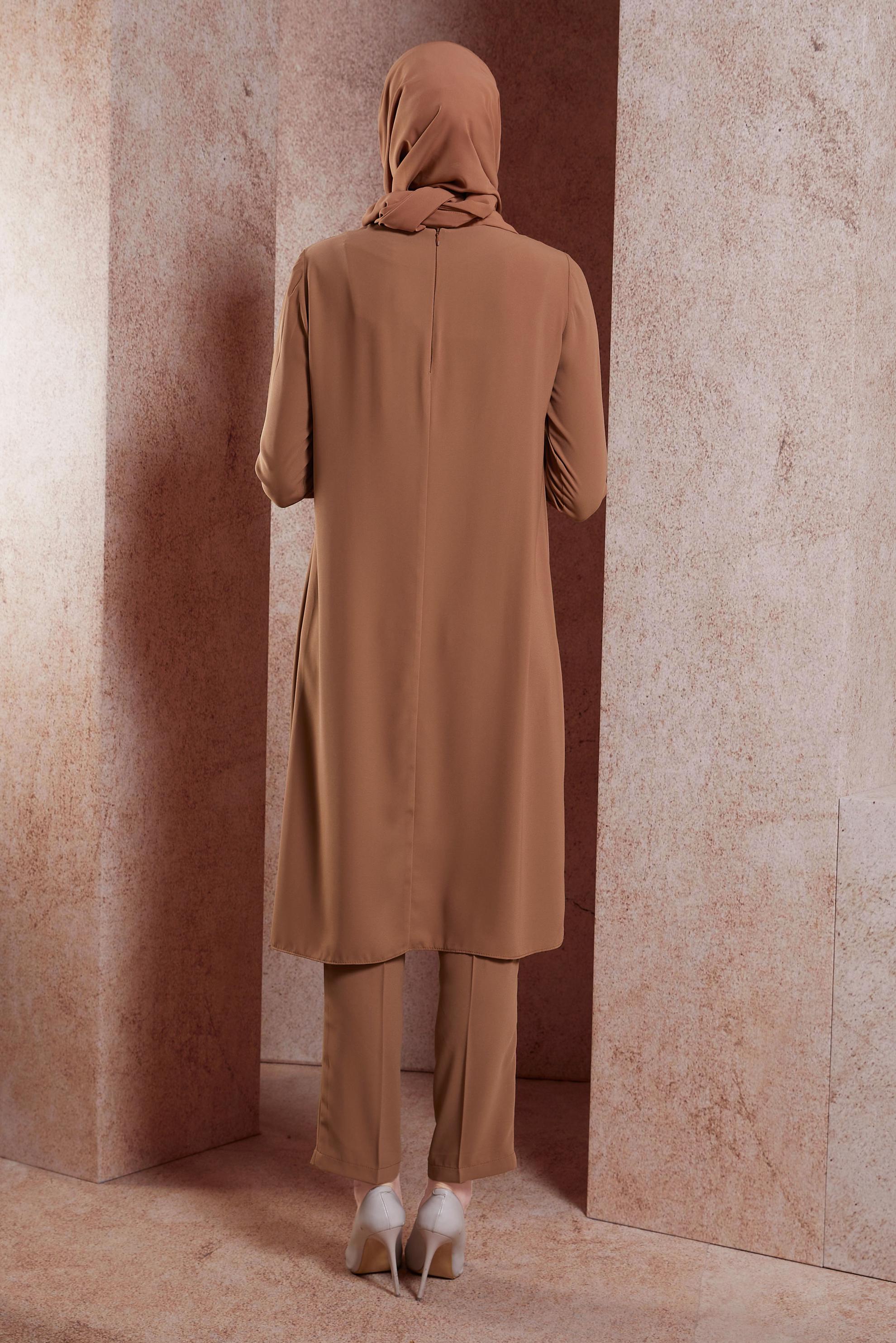 Tesettür giyim KAHVE ÇİÇEK DESENLİ PANTOLONLU TAKIM 30020