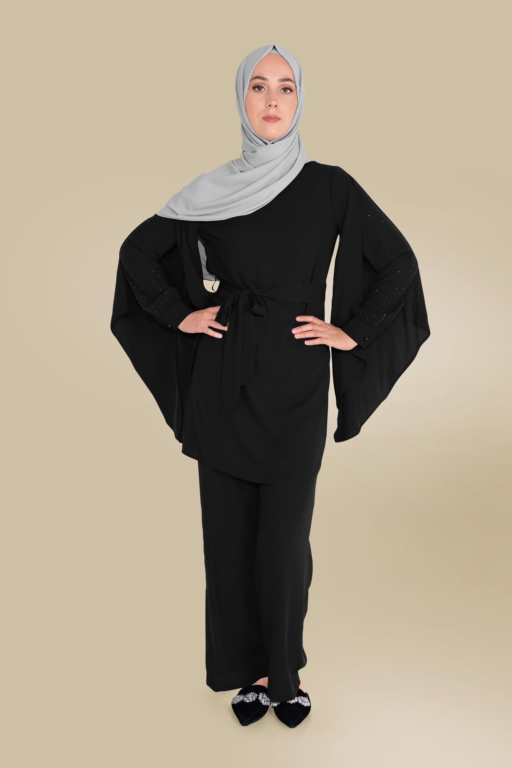 Tesettür giyim SİYAH KOLLARI DETAYLI İKİLİ PANTOLONLU TAKIM 30021