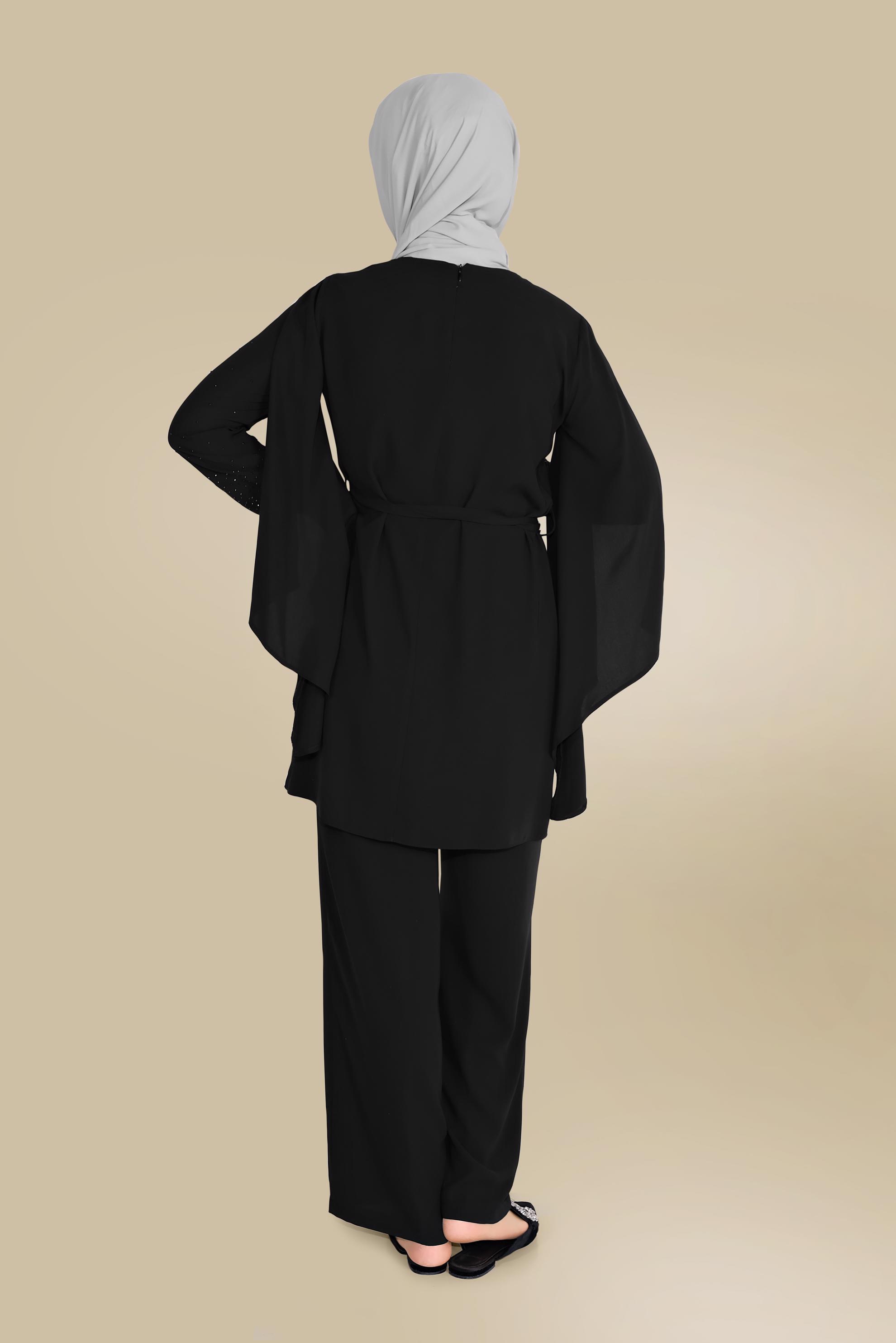Tesettür giyim SİYAH KOLLARI DETAYLI İKİLİ PANTOLONLU TAKIM 30021