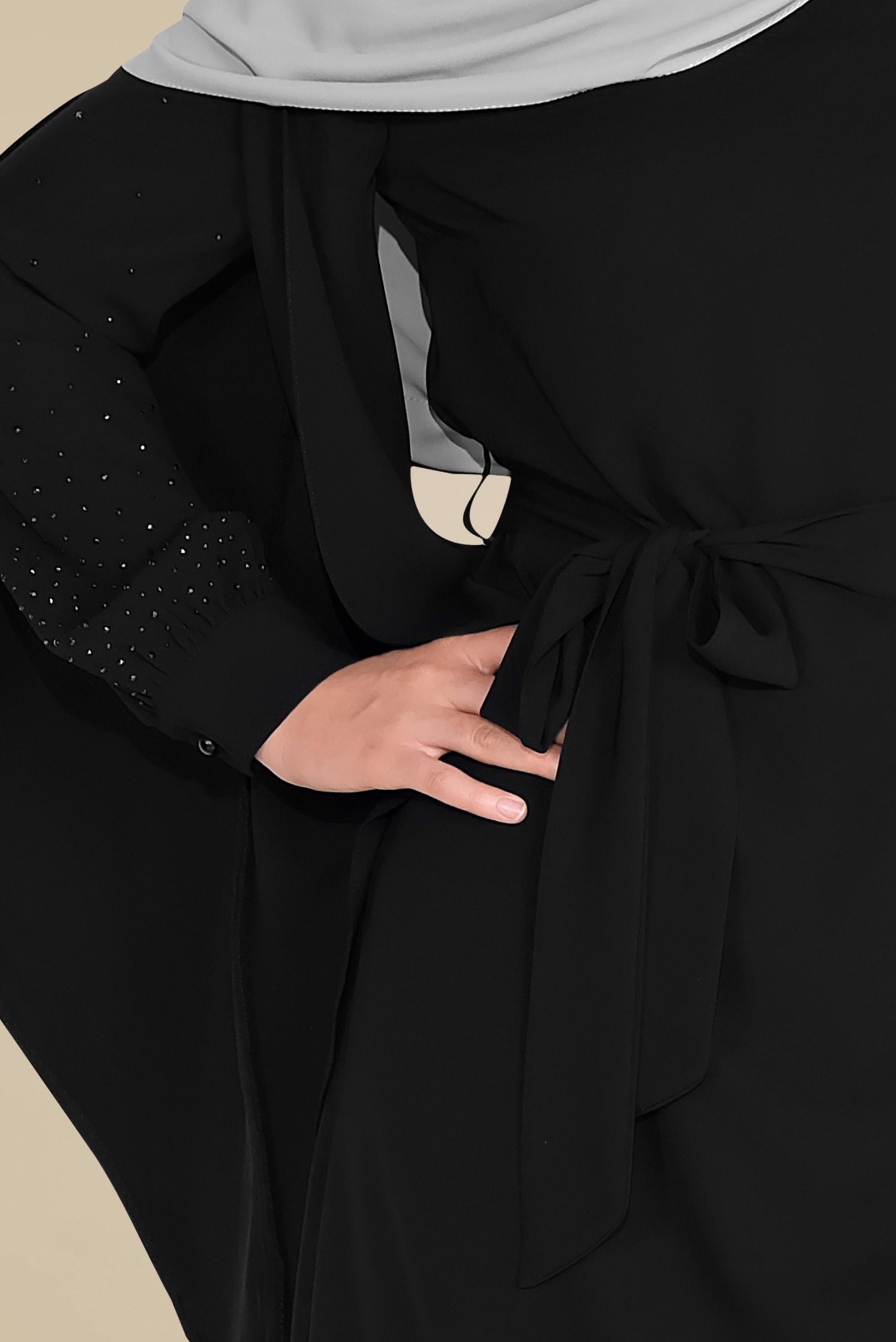 Tesettür giyim SİYAH KOLLARI DETAYLI İKİLİ PANTOLONLU TAKIM 30021