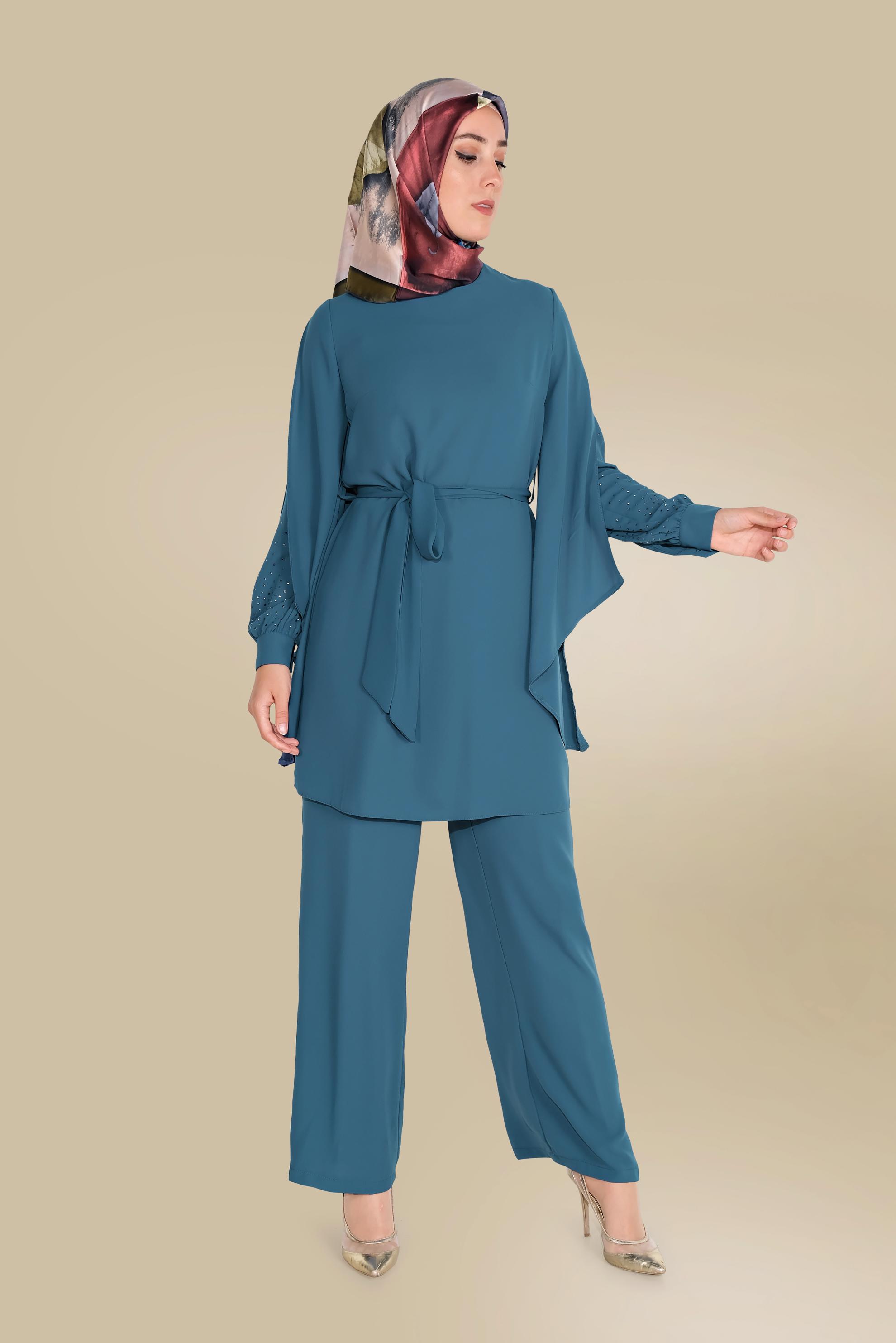 Tesettür giyim MAVİ KOLLARI DETAYLI İKİLİ PANTOLONLU TAKIM 30021