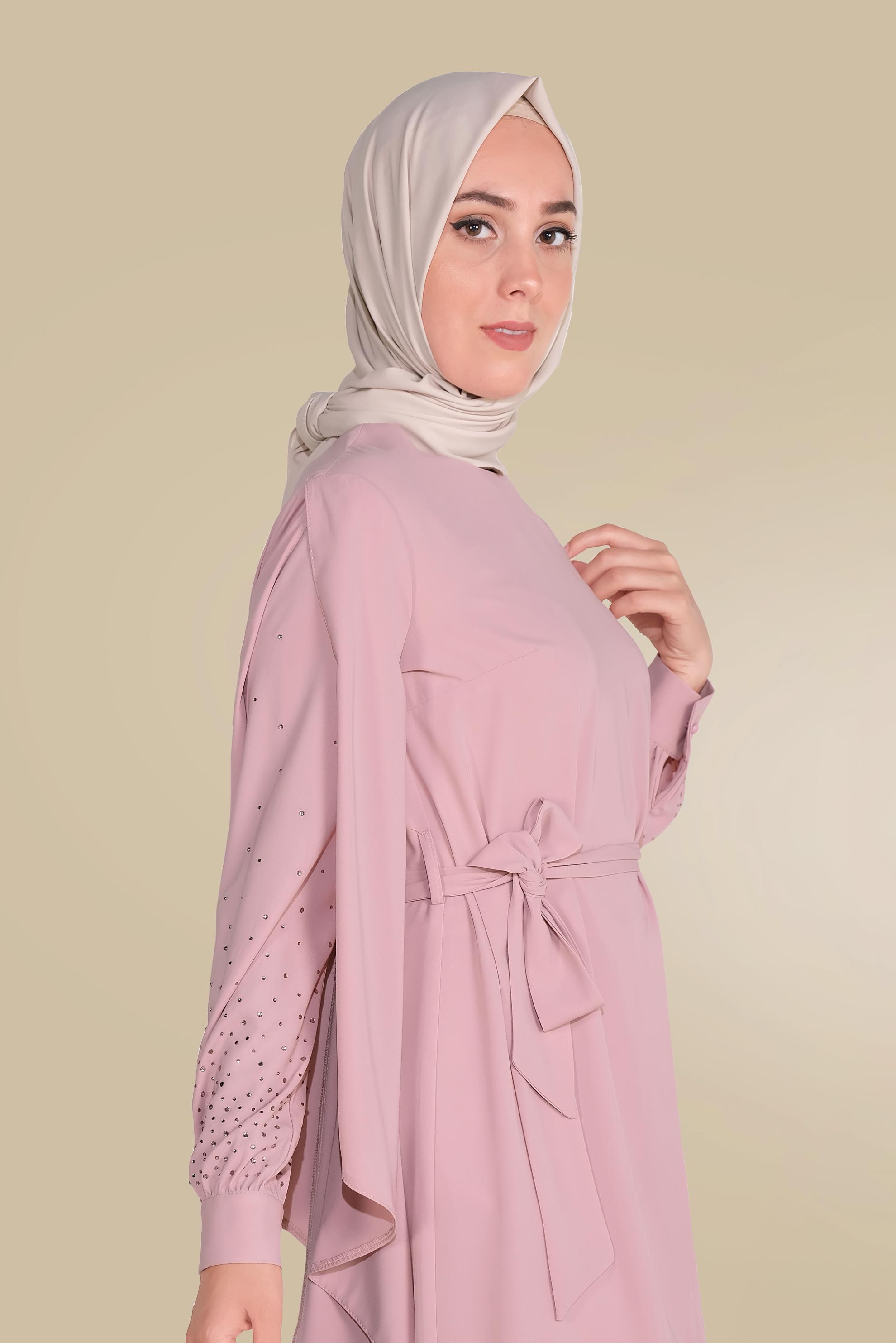 Tesettür giyim PUDRA KOLLARI DETAYLI İKİLİ PANTOLONLU TAKIM 30021