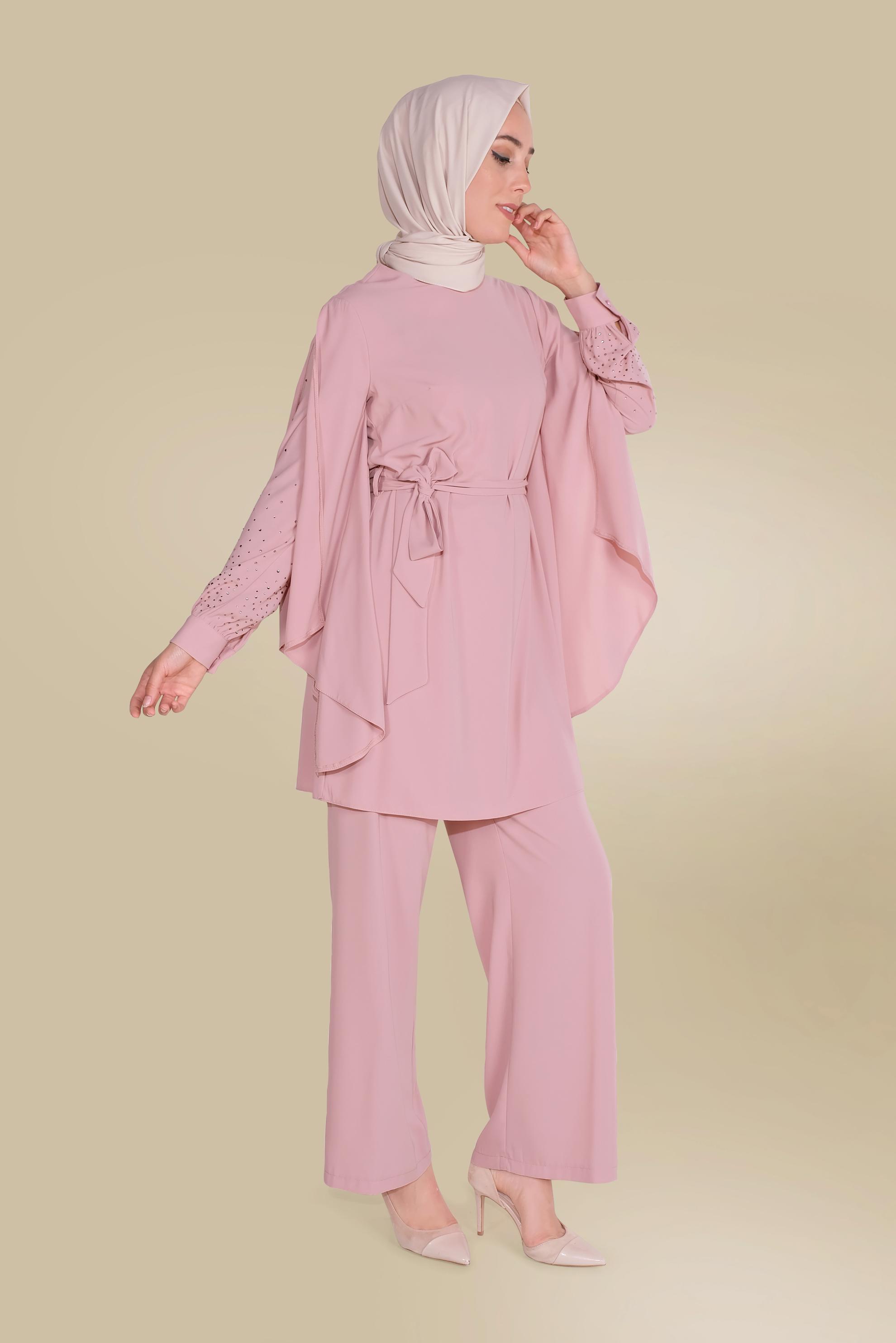 Tesettür giyim PUDRA KOLLARI DETAYLI İKİLİ PANTOLONLU TAKIM 30021