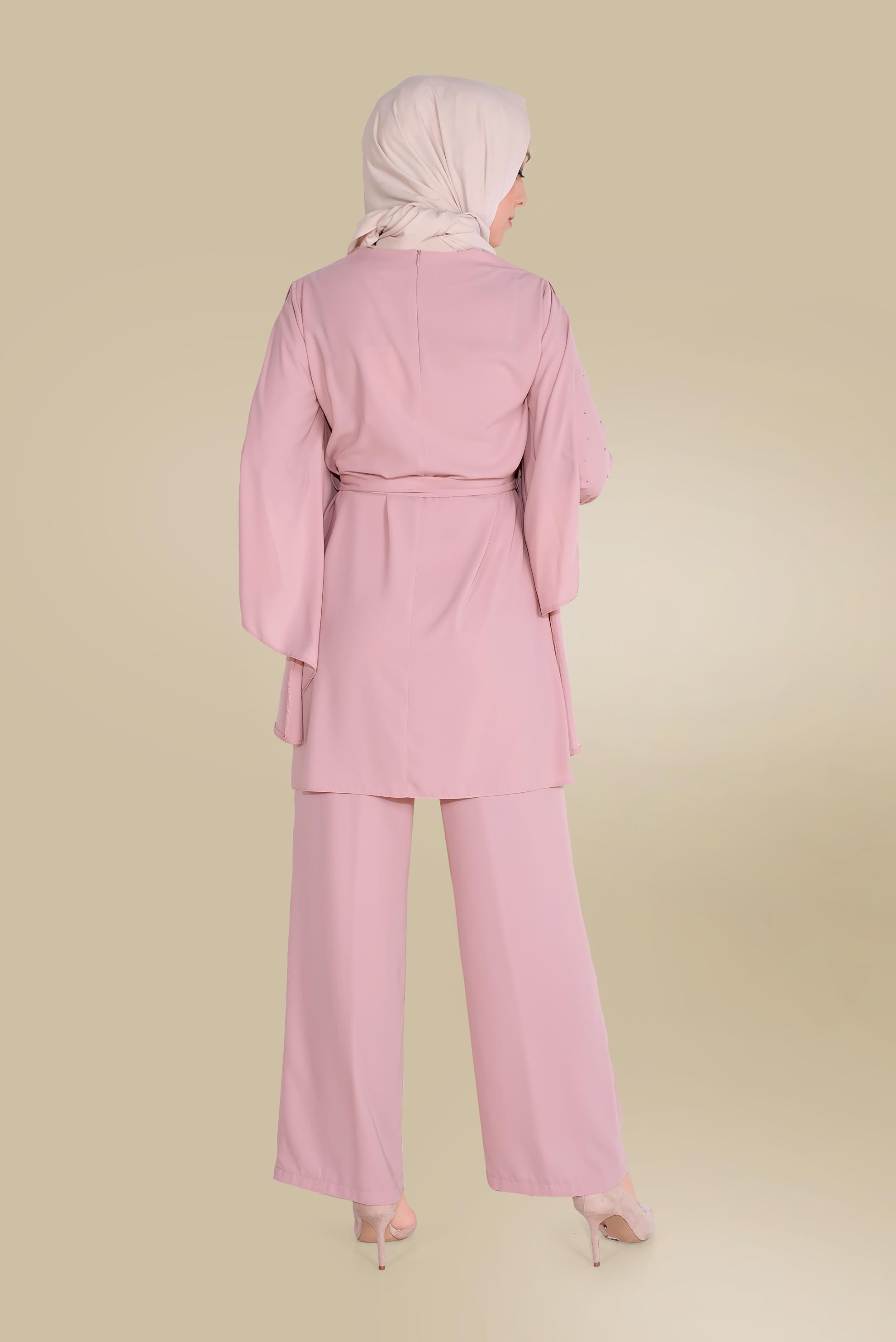 Tesettür giyim PUDRA KOLLARI DETAYLI İKİLİ PANTOLONLU TAKIM 30021