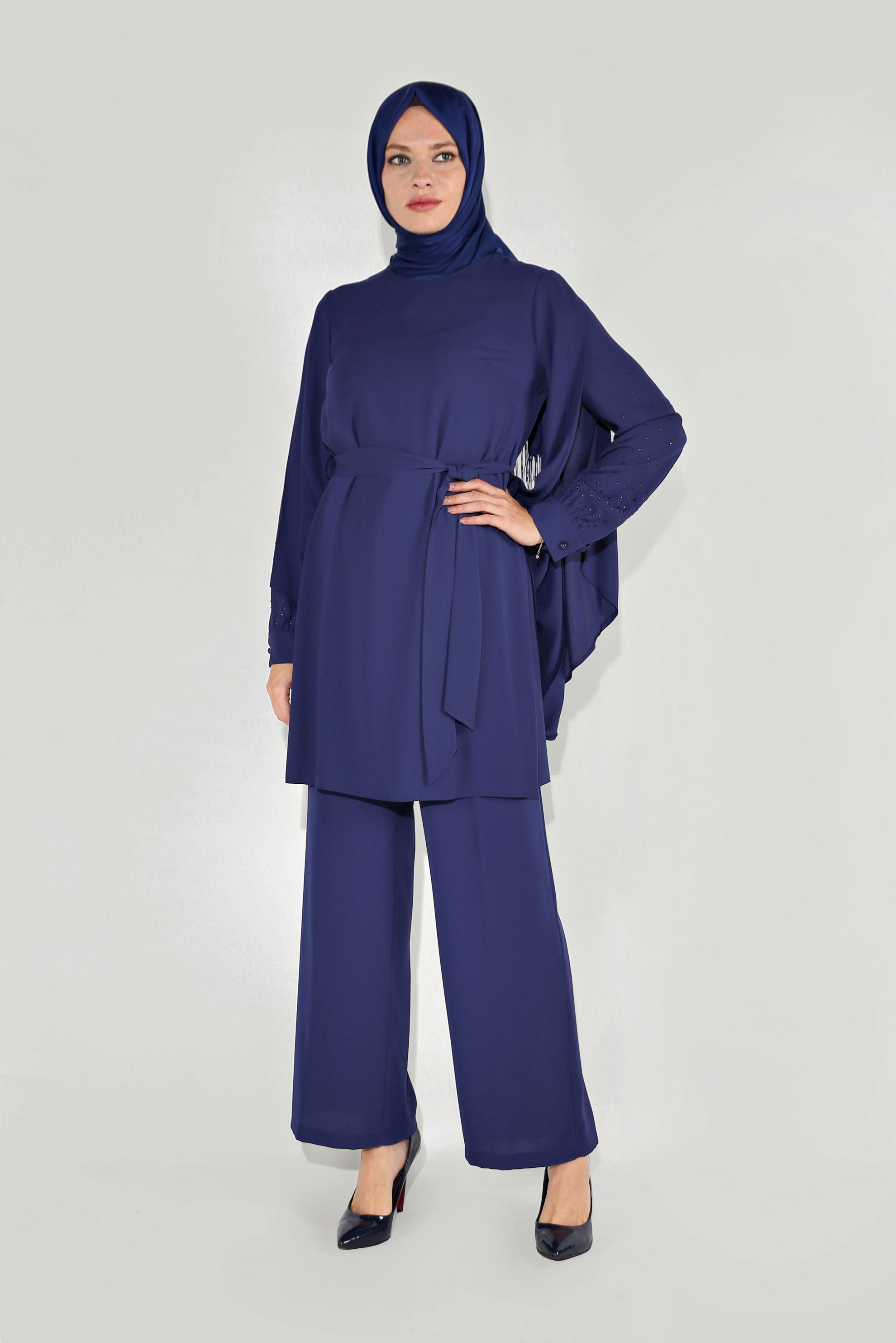 Tesettür giyim LACİVERT KOLLARI DETAYLI İKİLİ PANTOLONLU TAKIM 30021