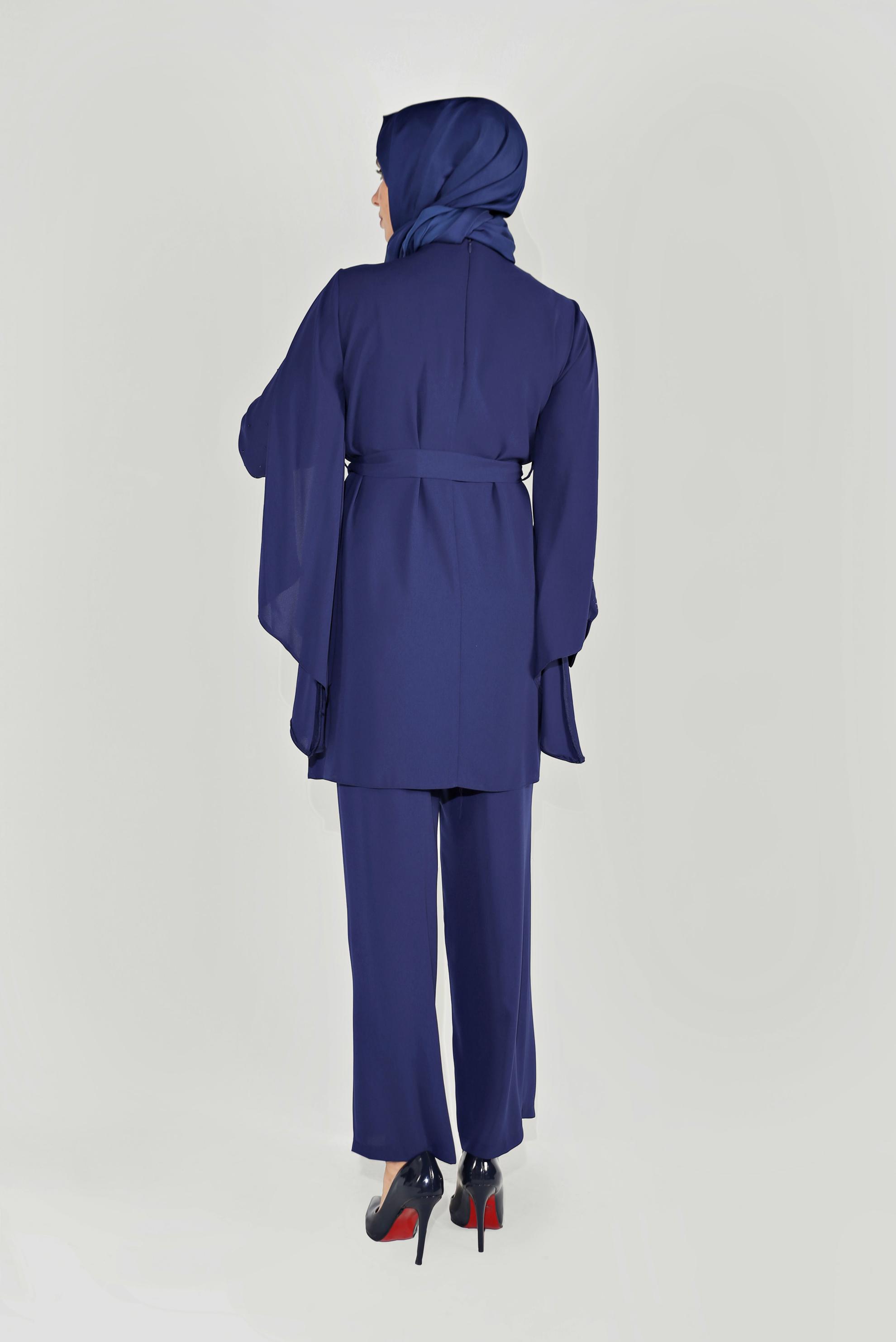 Tesettür giyim LACİVERT KOLLARI DETAYLI İKİLİ PANTOLONLU TAKIM 30021