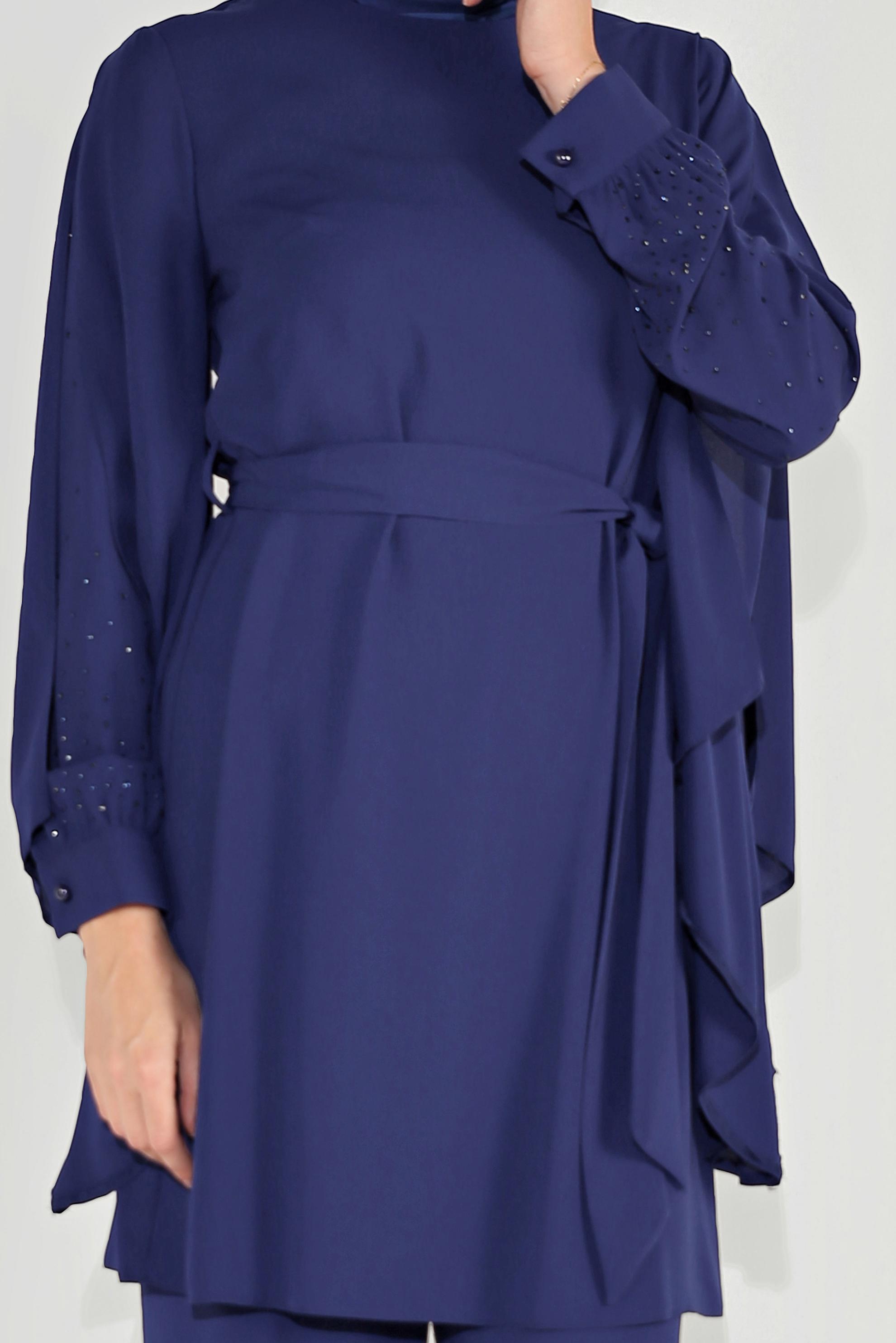 Tesettür giyim LACİVERT KOLLARI DETAYLI İKİLİ PANTOLONLU TAKIM 30021