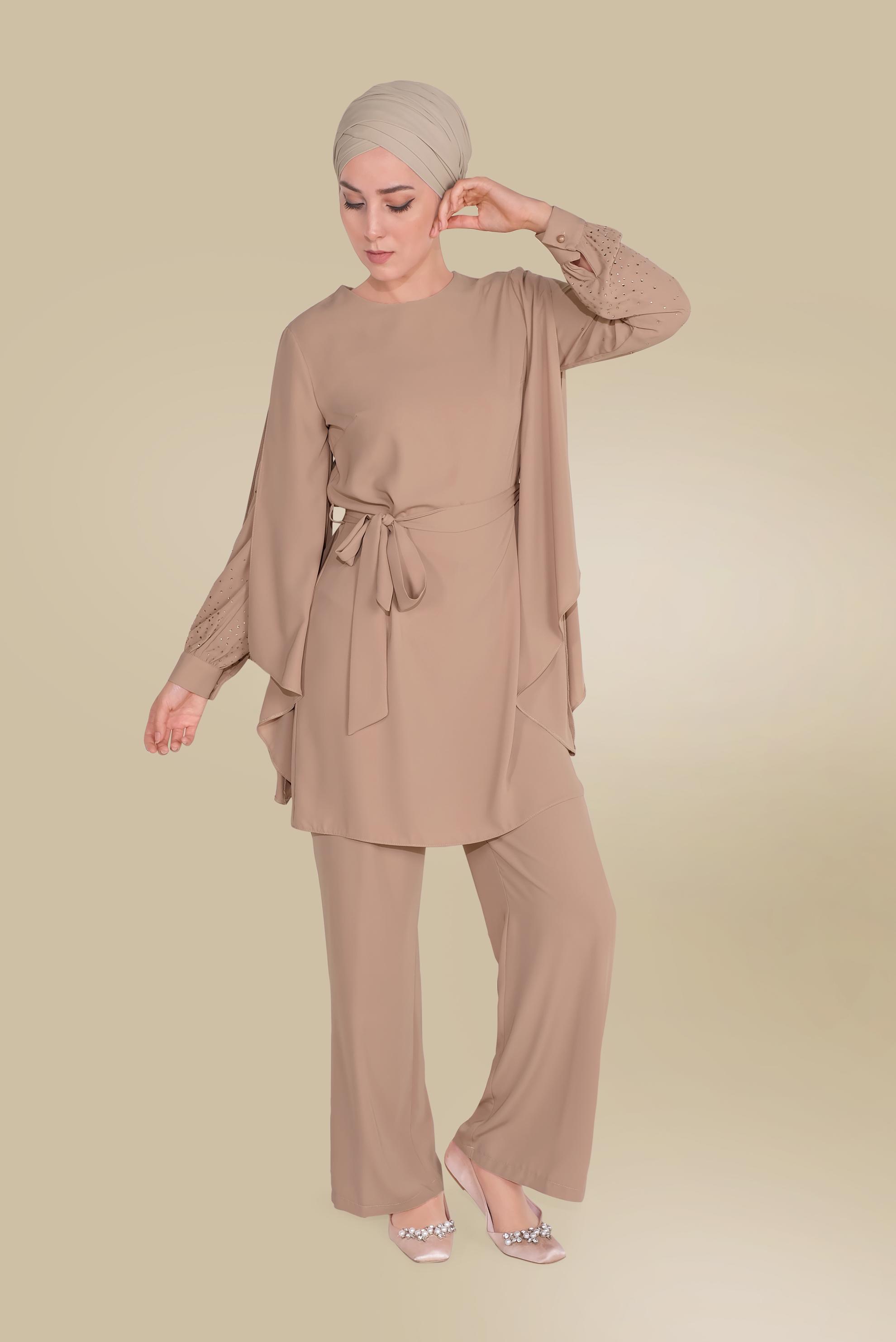 Tesettür giyim KAHVE KOLLARI DETAYLI İKİLİ PANTOLONLU TAKIM 30021