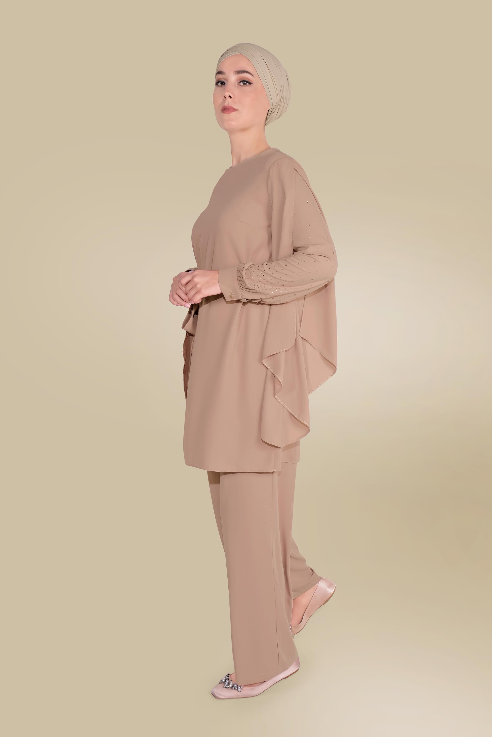 Tesettür giyim KAHVE KOLLARI DETAYLI İKİLİ PANTOLONLU TAKIM 30021