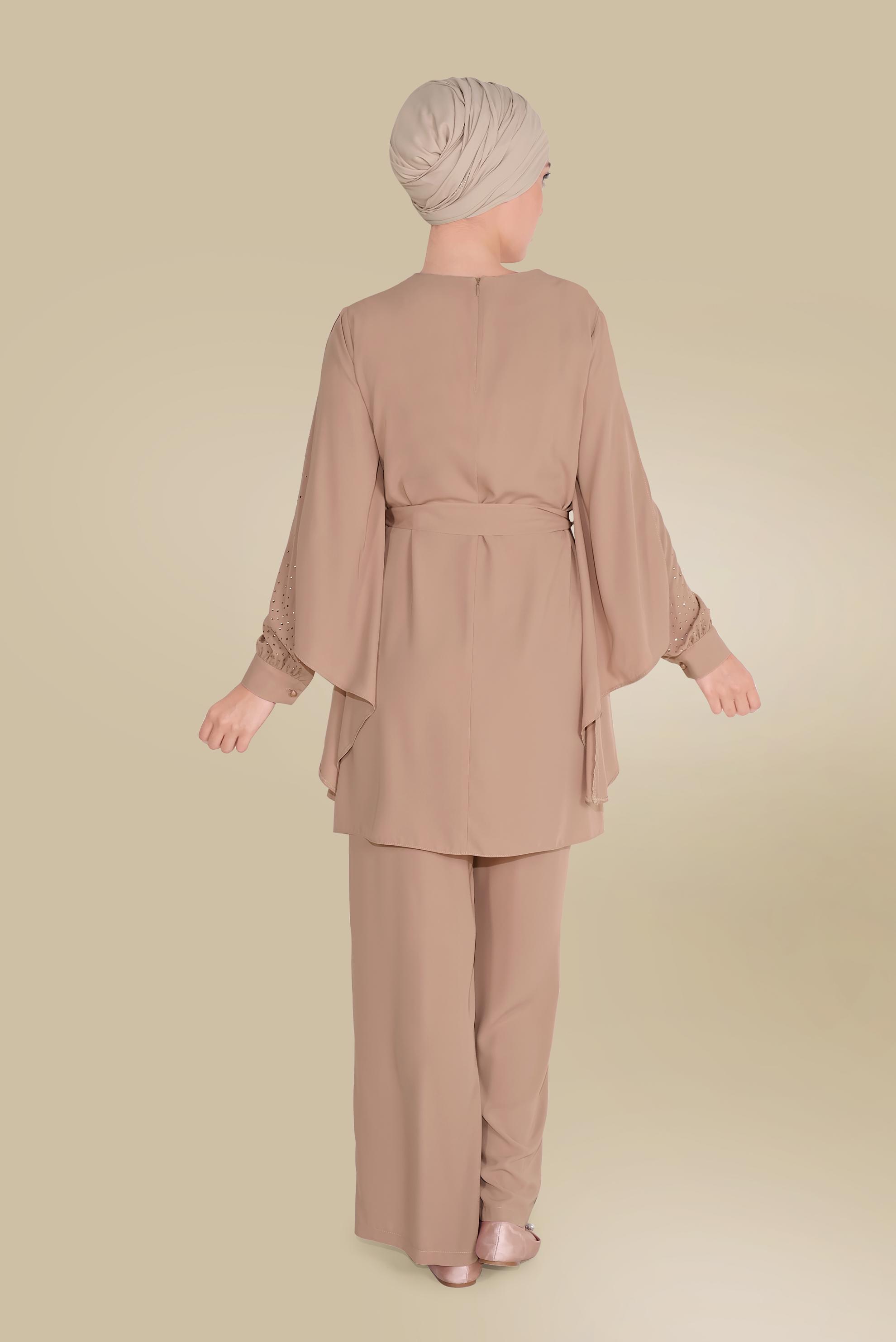 Tesettür giyim KAHVE KOLLARI DETAYLI İKİLİ PANTOLONLU TAKIM 30021