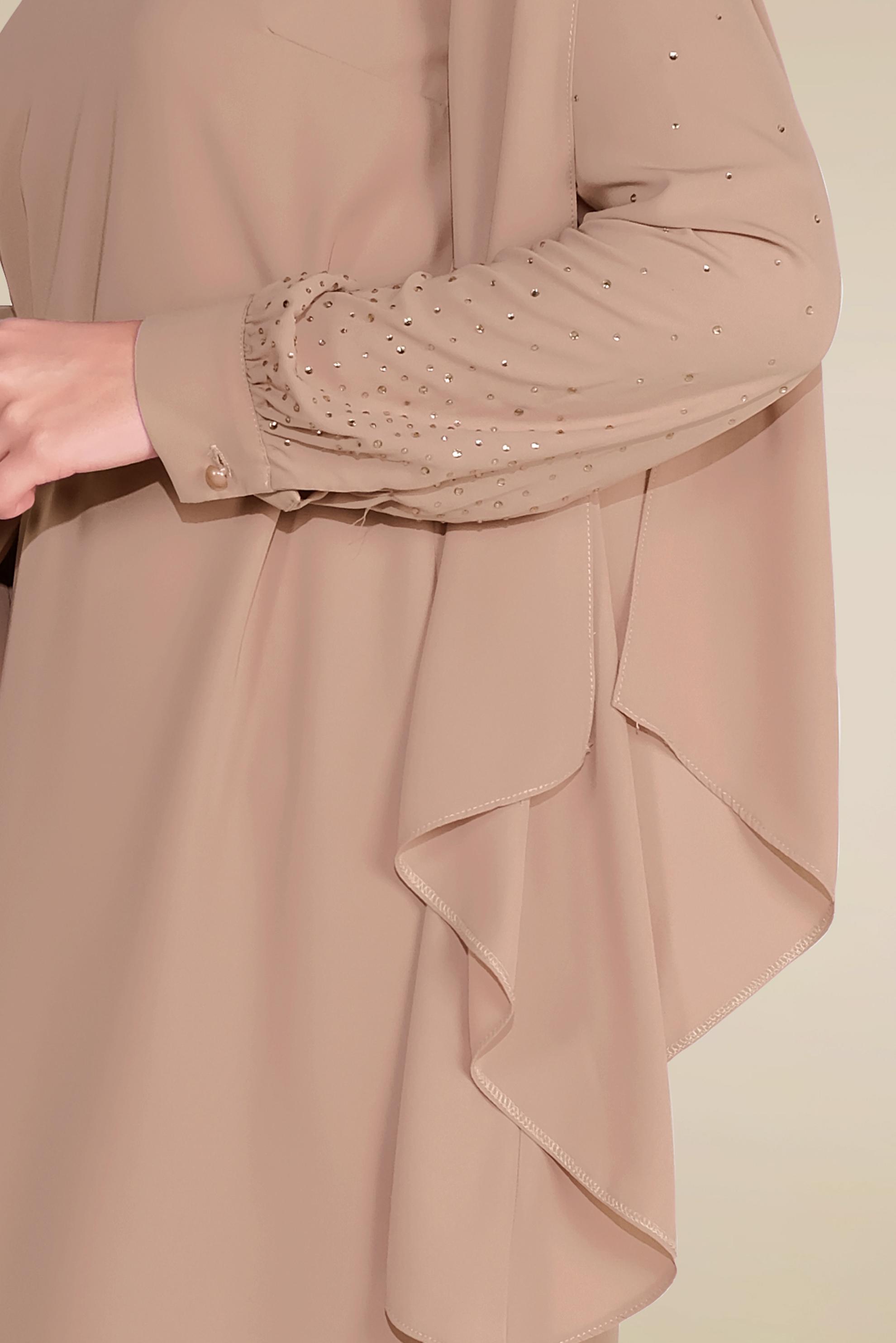 Tesettür giyim KAHVE KOLLARI DETAYLI İKİLİ PANTOLONLU TAKIM 30021