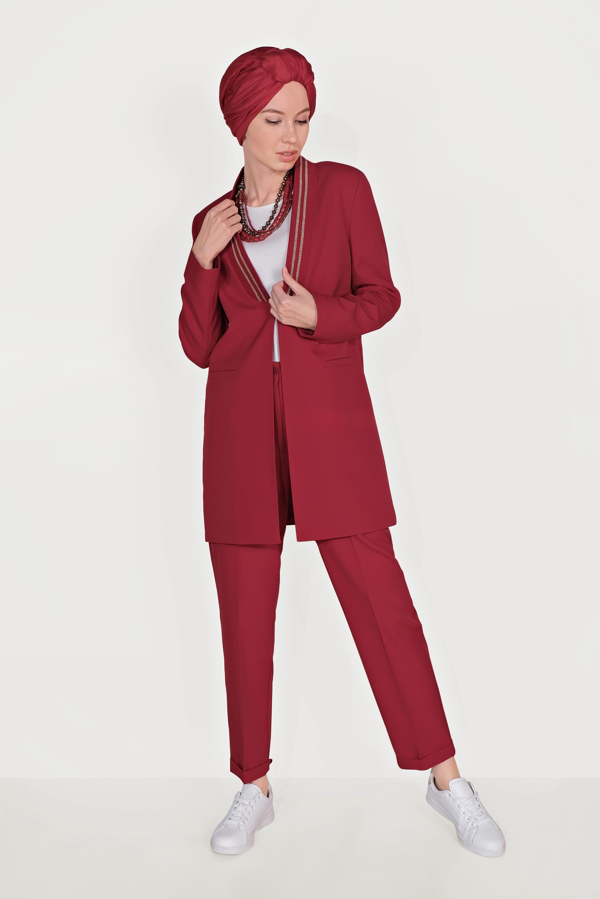 Tesettür giyim KIRMIZI YAKASI SİMLİ ŞERİTLİ TAKIM 30031