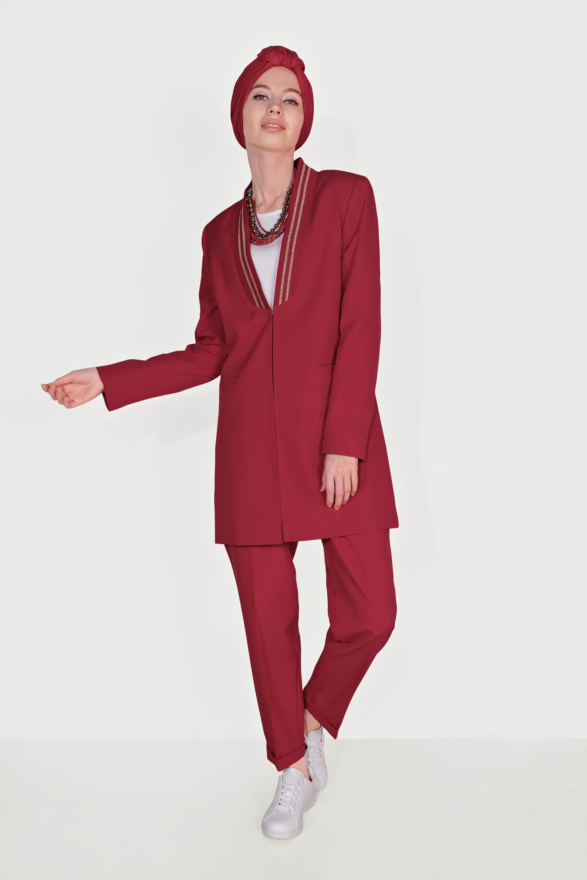 Tesettür giyim KIRMIZI YAKASI SİMLİ ŞERİTLİ TAKIM 30031