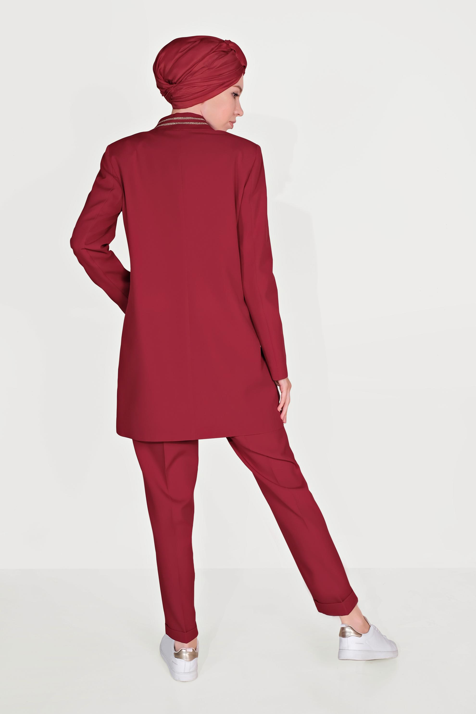 Tesettür giyim KIRMIZI YAKASI SİMLİ ŞERİTLİ TAKIM 30031