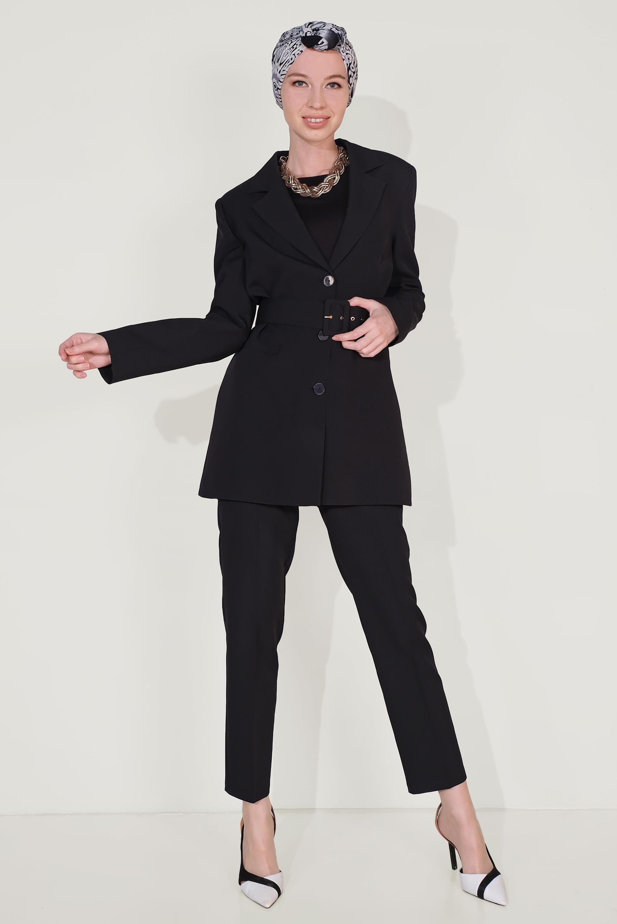 Tesettür giyim SİYAH KLASİK KESİM KEMERLİ İKİLİ PANTOLONLU TAKIM 30033