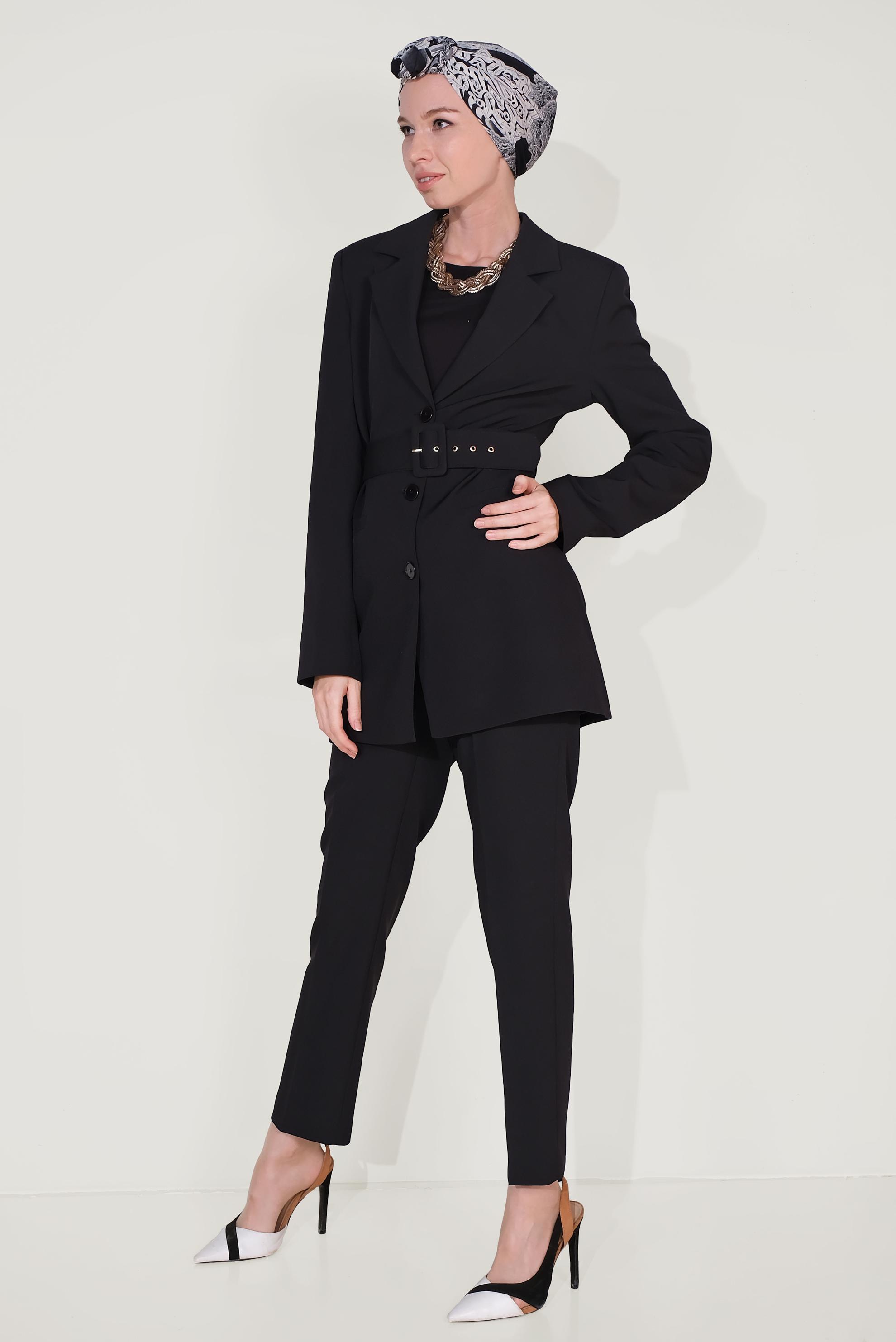 Tesettür giyim SİYAH KLASİK KESİM KEMERLİ İKİLİ PANTOLONLU TAKIM 30033