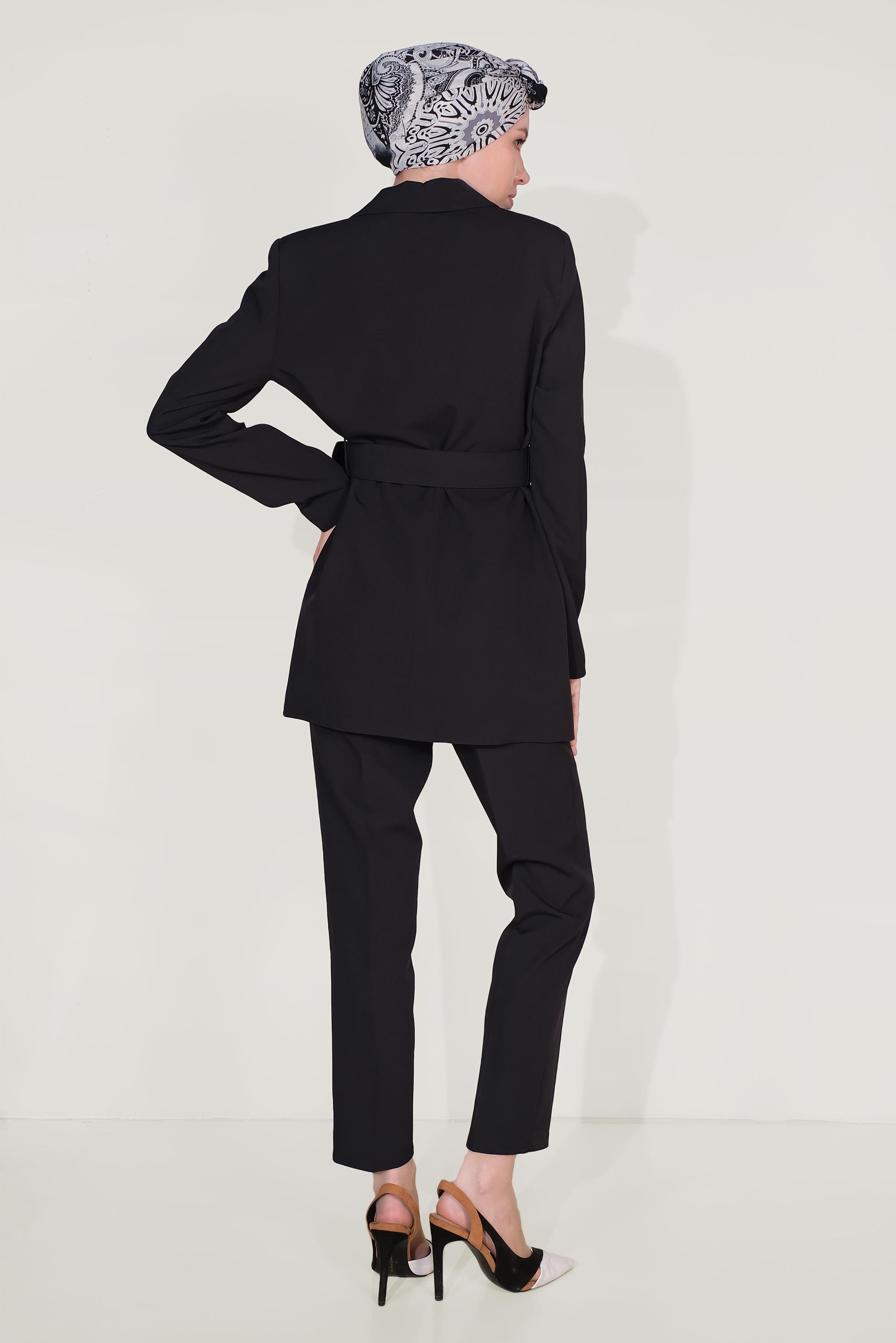 Tesettür giyim SİYAH KLASİK KESİM KEMERLİ İKİLİ PANTOLONLU TAKIM 30033