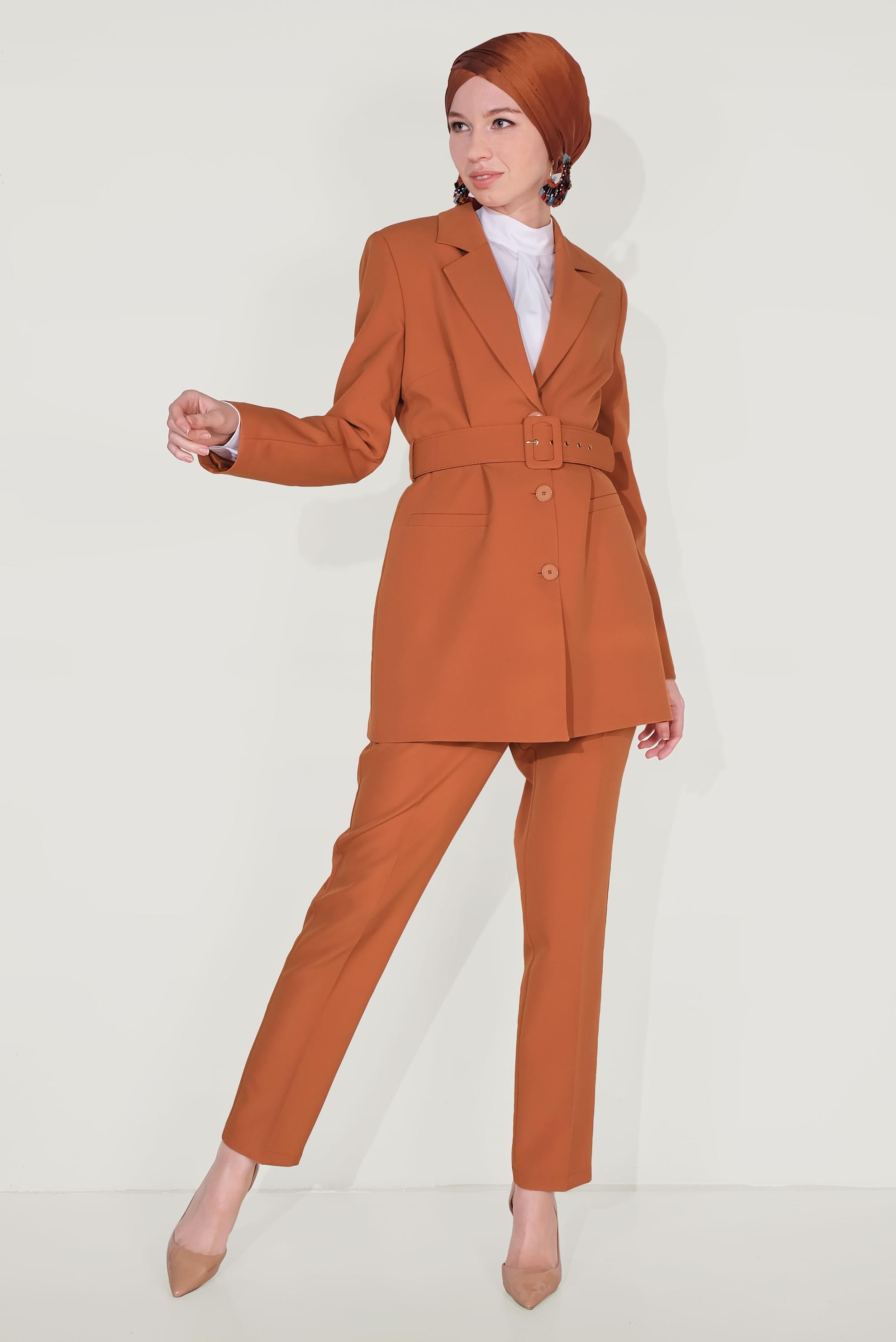 Tesettür giyim TURUNCU KLASİK KESİM KEMERLİ İKİLİ PANTOLONLU TAKIM 30033