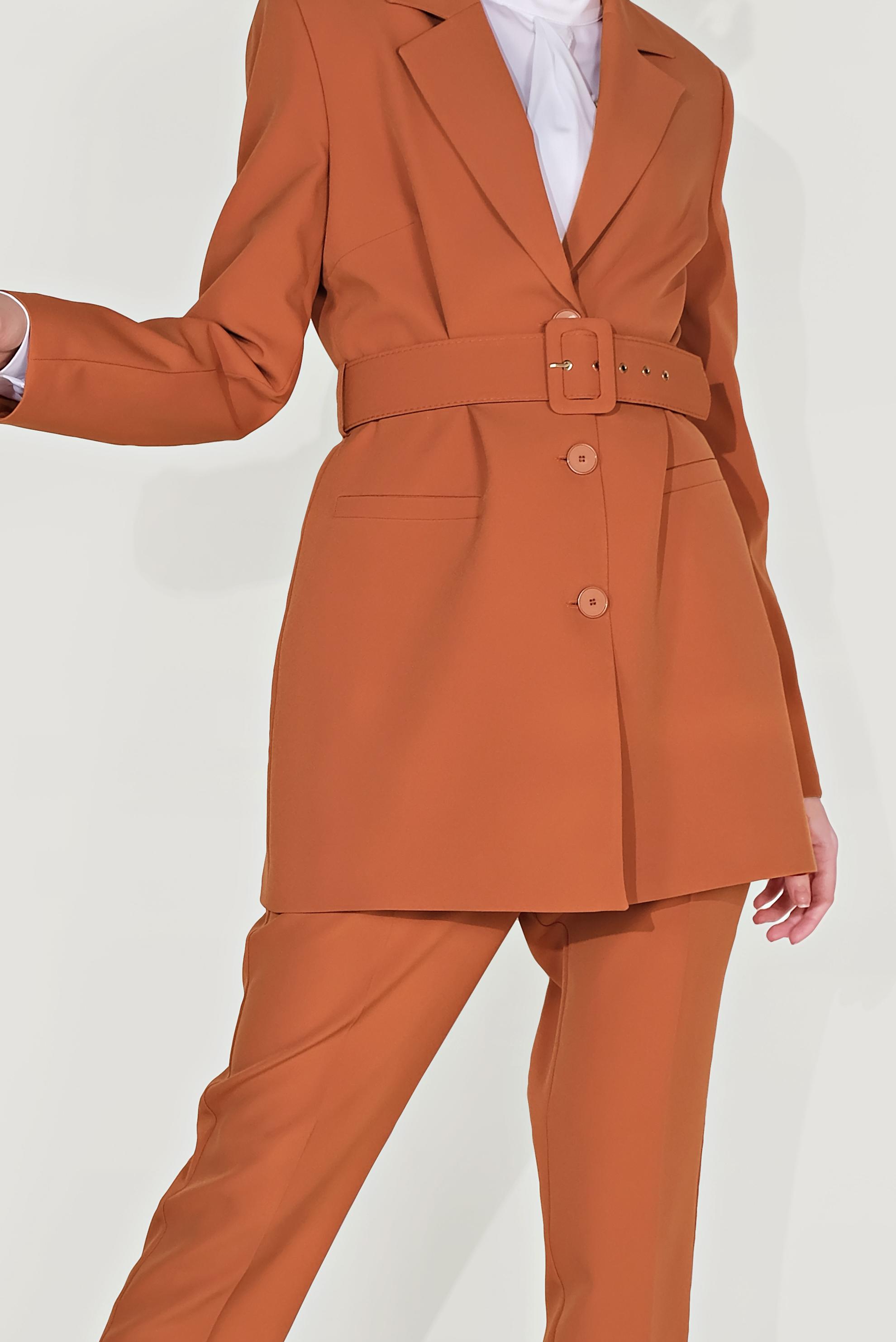 Tesettür giyim TURUNCU KLASİK KESİM KEMERLİ İKİLİ PANTOLONLU TAKIM 30033