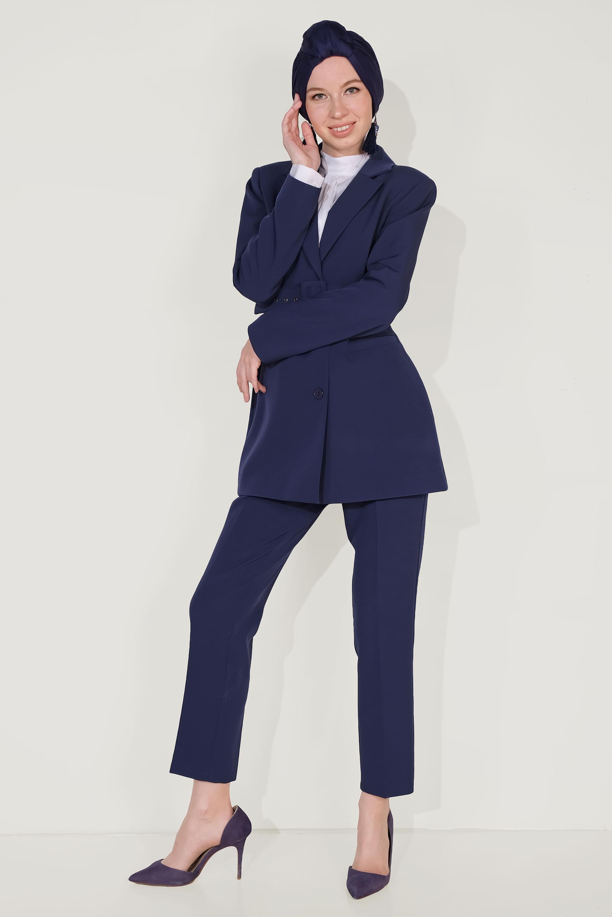 Tesettür giyim LACİVERT KLASİK KESİM KEMERLİ İKİLİ PANTOLONLU TAKIM 30033