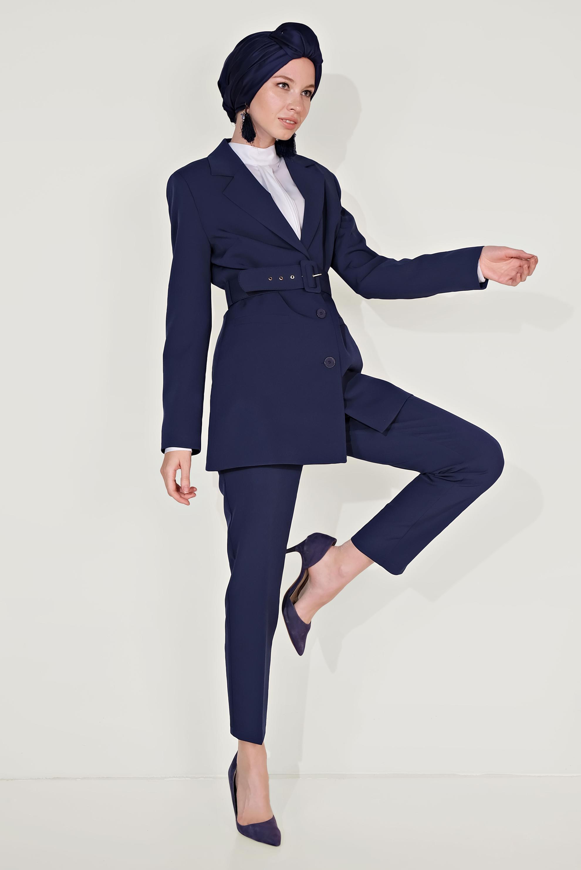 Tesettür giyim LACİVERT KLASİK KESİM KEMERLİ İKİLİ PANTOLONLU TAKIM 30033
