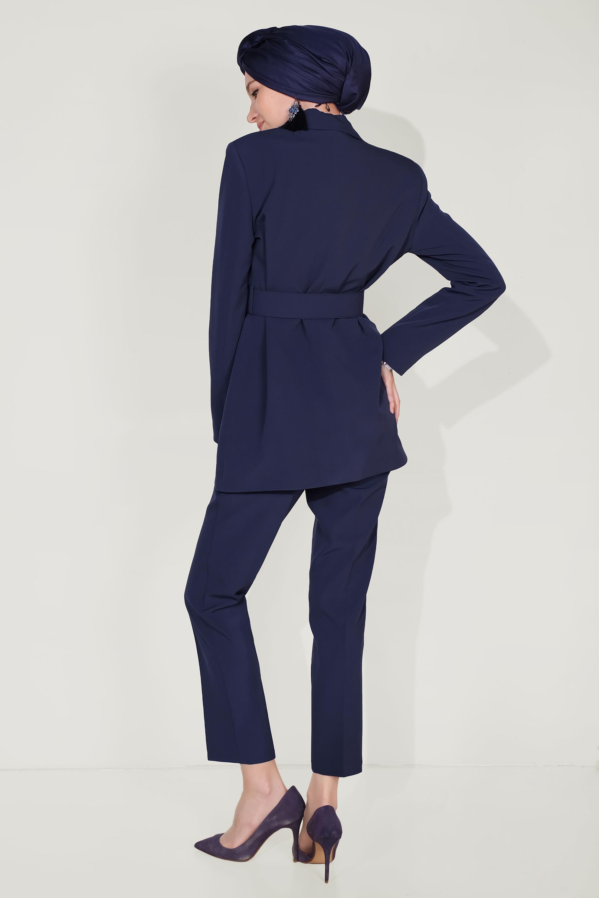 Tesettür giyim LACİVERT KLASİK KESİM KEMERLİ İKİLİ PANTOLONLU TAKIM 30033