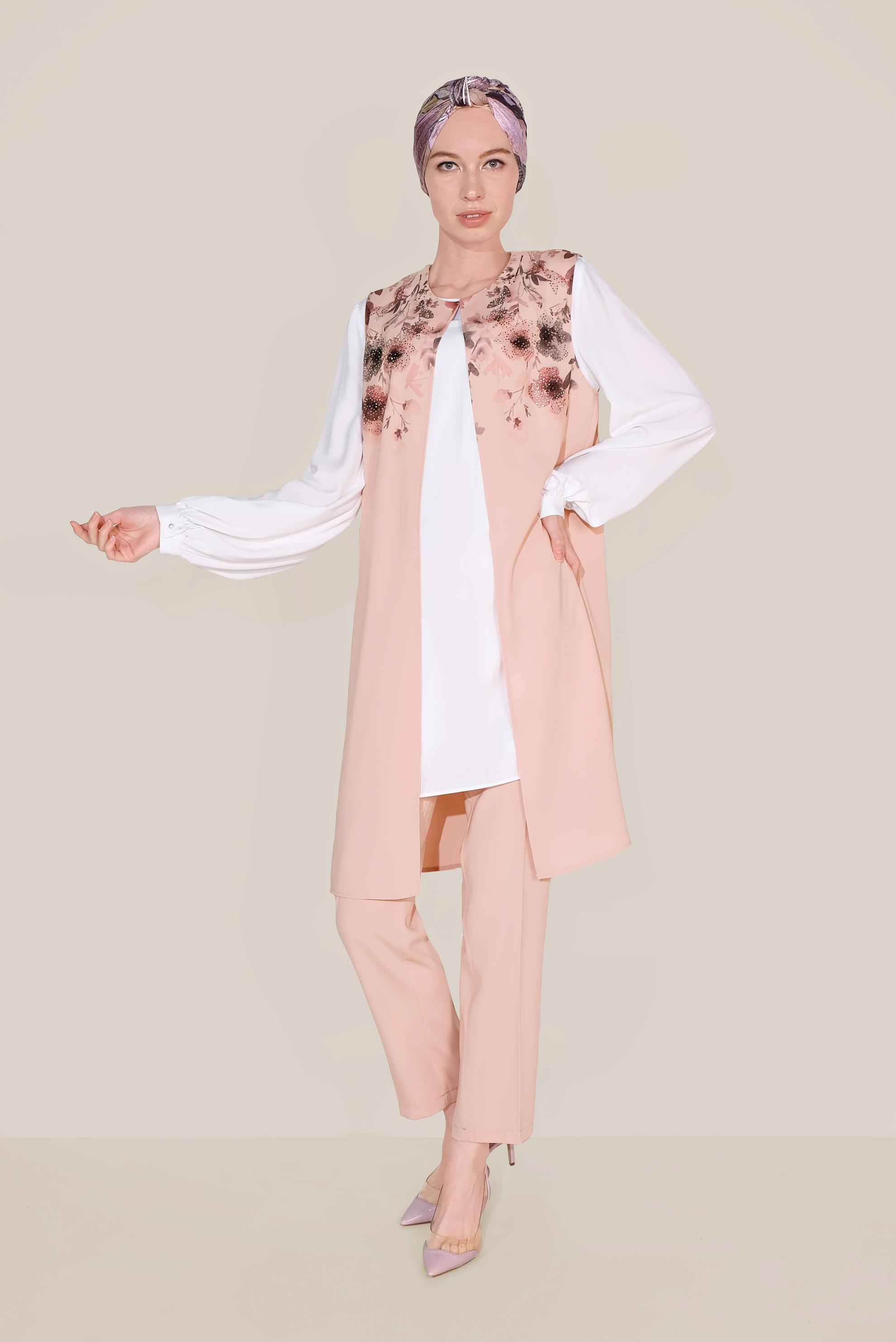 Tesettür giyim PUDRA ÇİÇEK BASKILI 3 PARÇA TAKIM 30034