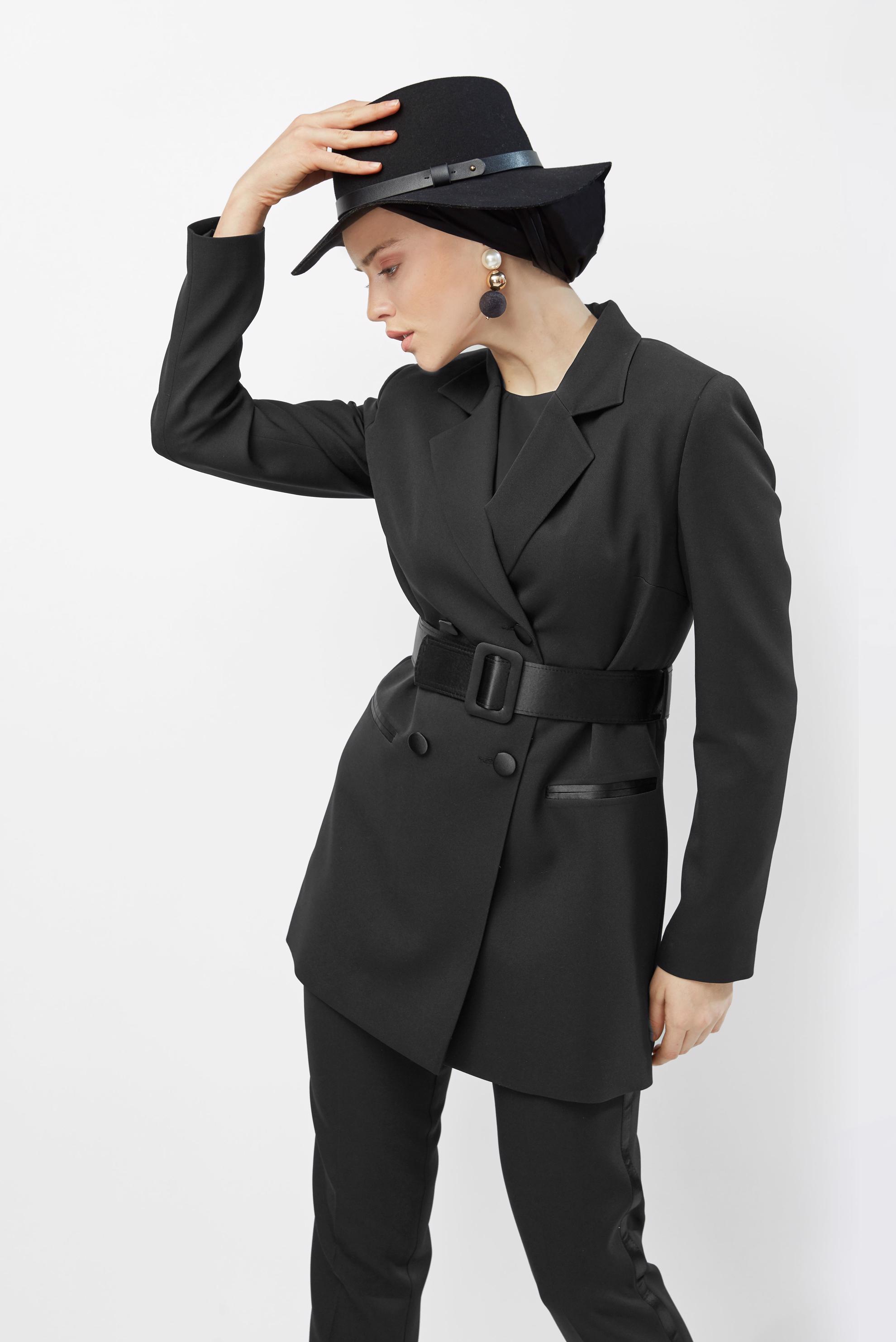 Tesettür giyim SİYAH KLASİK KESİM  DÜĞMELİ PANTOLONLU TAKIM 30035 