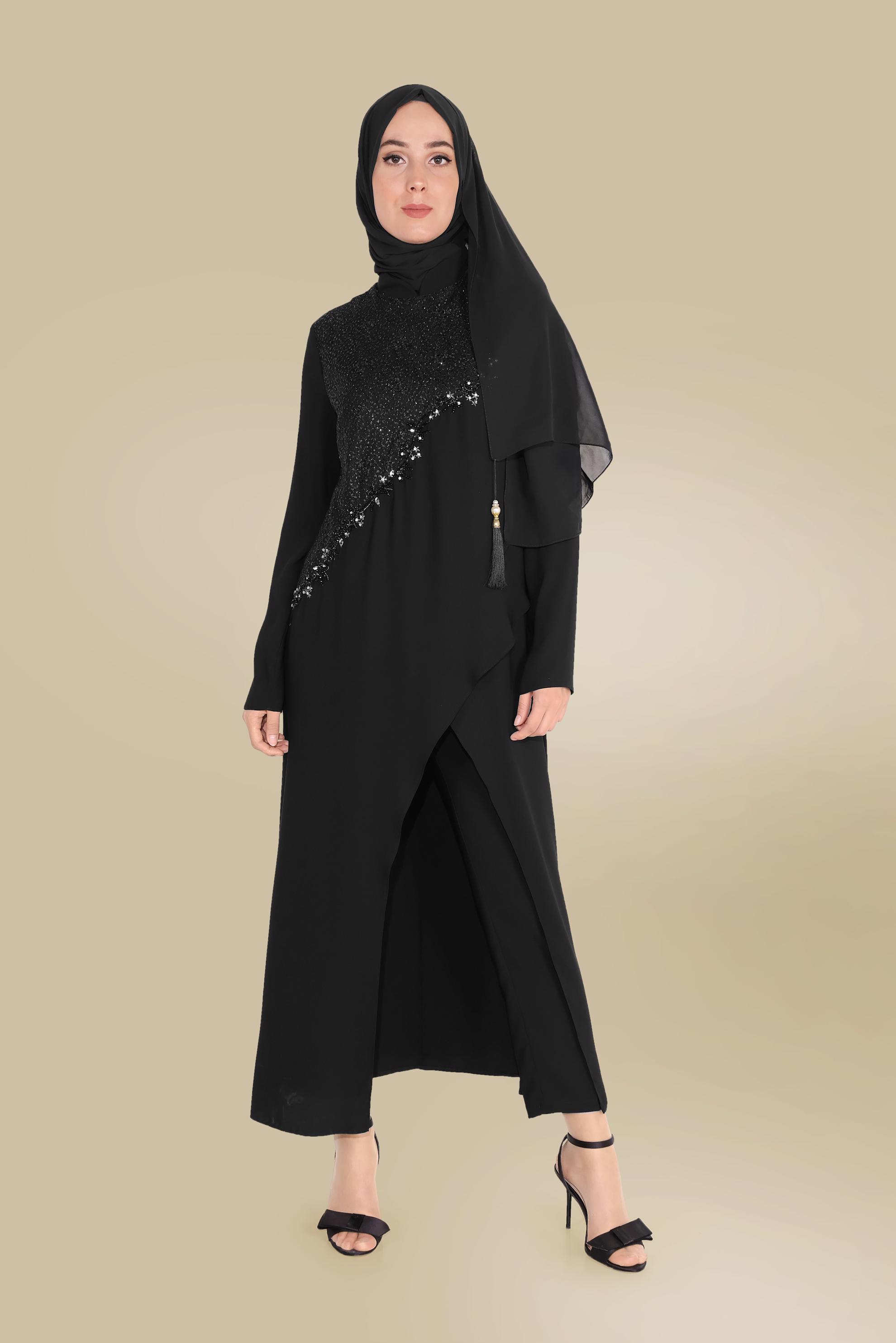 Tesettür giyim SİYAH ASİMETRİK KESİM GÜPÜR DETAYLI İKİLİ PANT. TAKIM 30044   