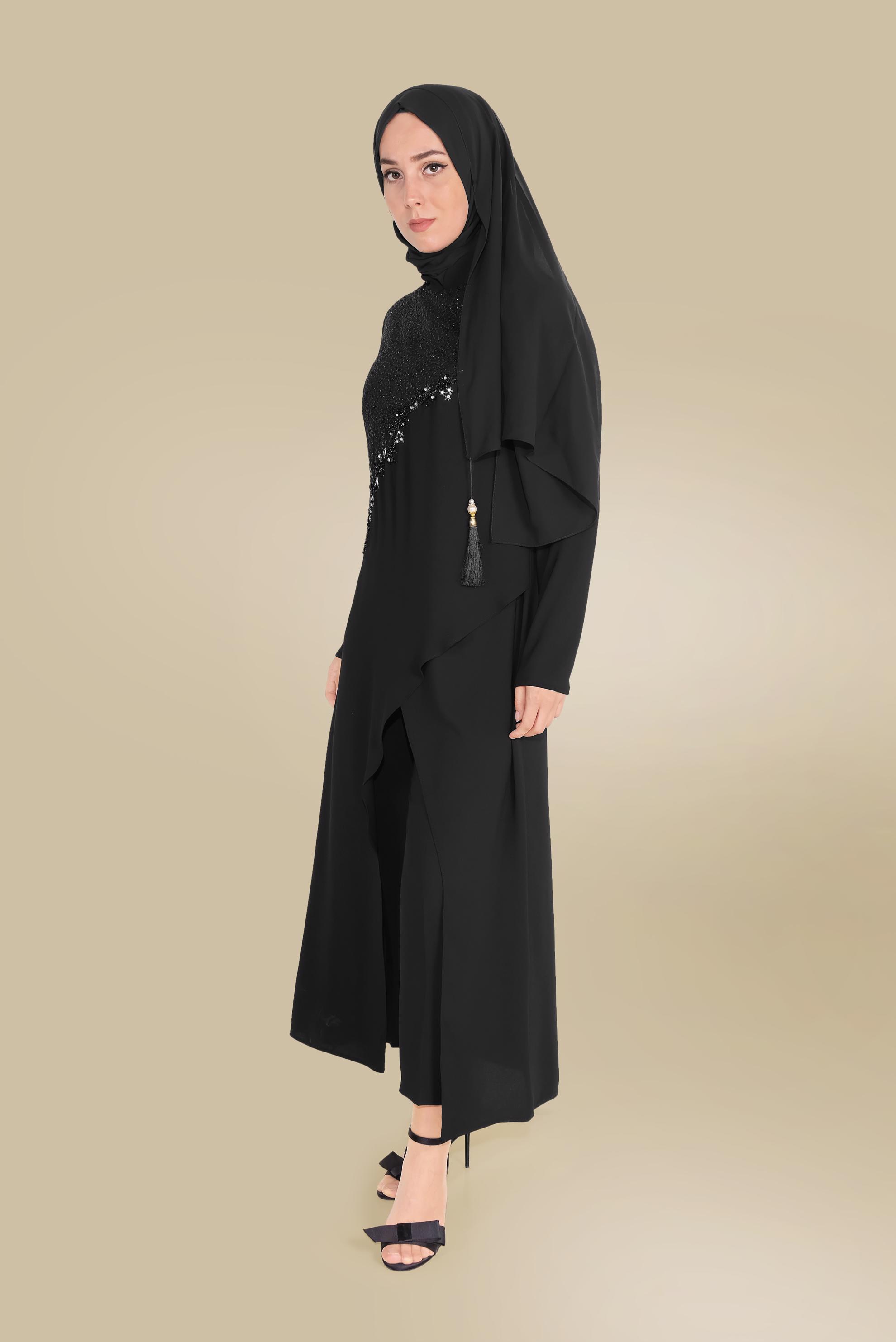 Tesettür giyim SİYAH ASİMETRİK KESİM GÜPÜR DETAYLI İKİLİ PANT. TAKIM 30044   